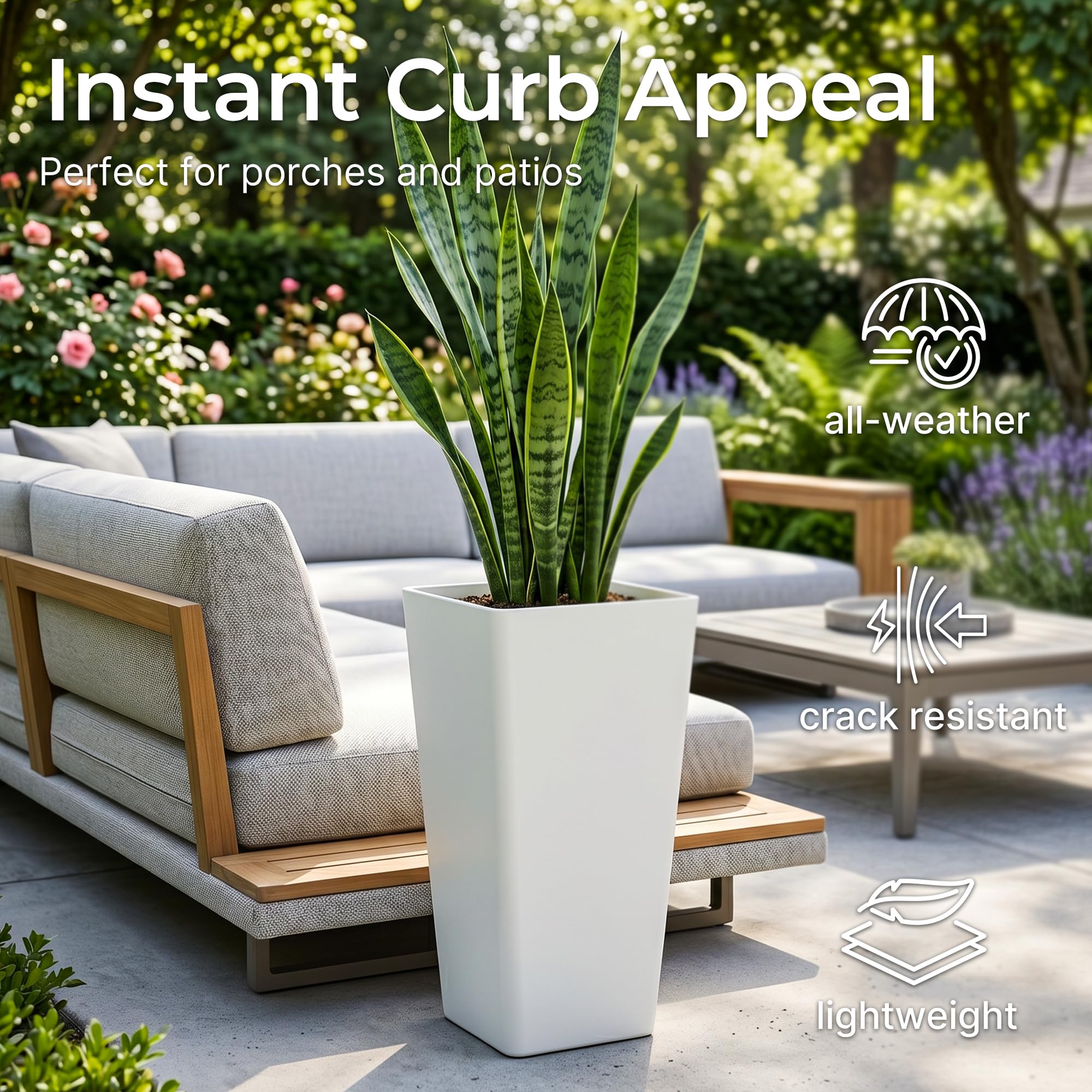 KOL white planters in a garden setting