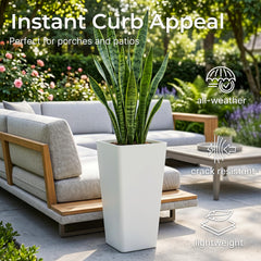 KOL white planters in a garden setting