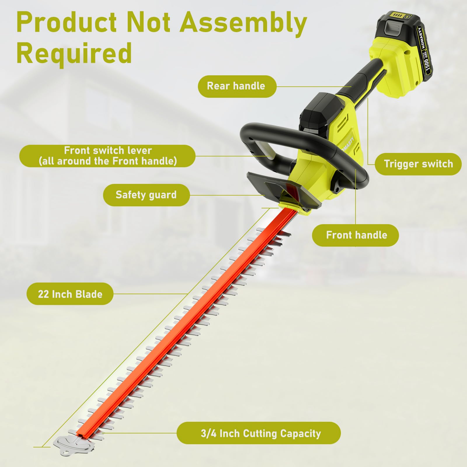 KOMASTY hedge trimmer in garden setting with trimmed bushes