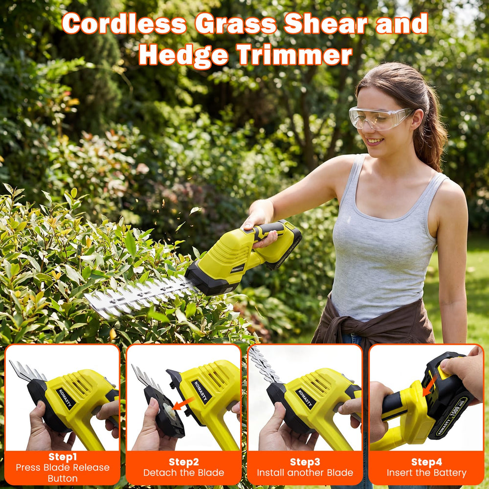 KOMASTY hedge trimmer with grass shear blade attached