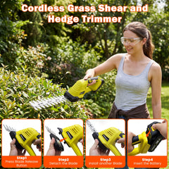 KOMASTY hedge trimmer with grass shear blade attached