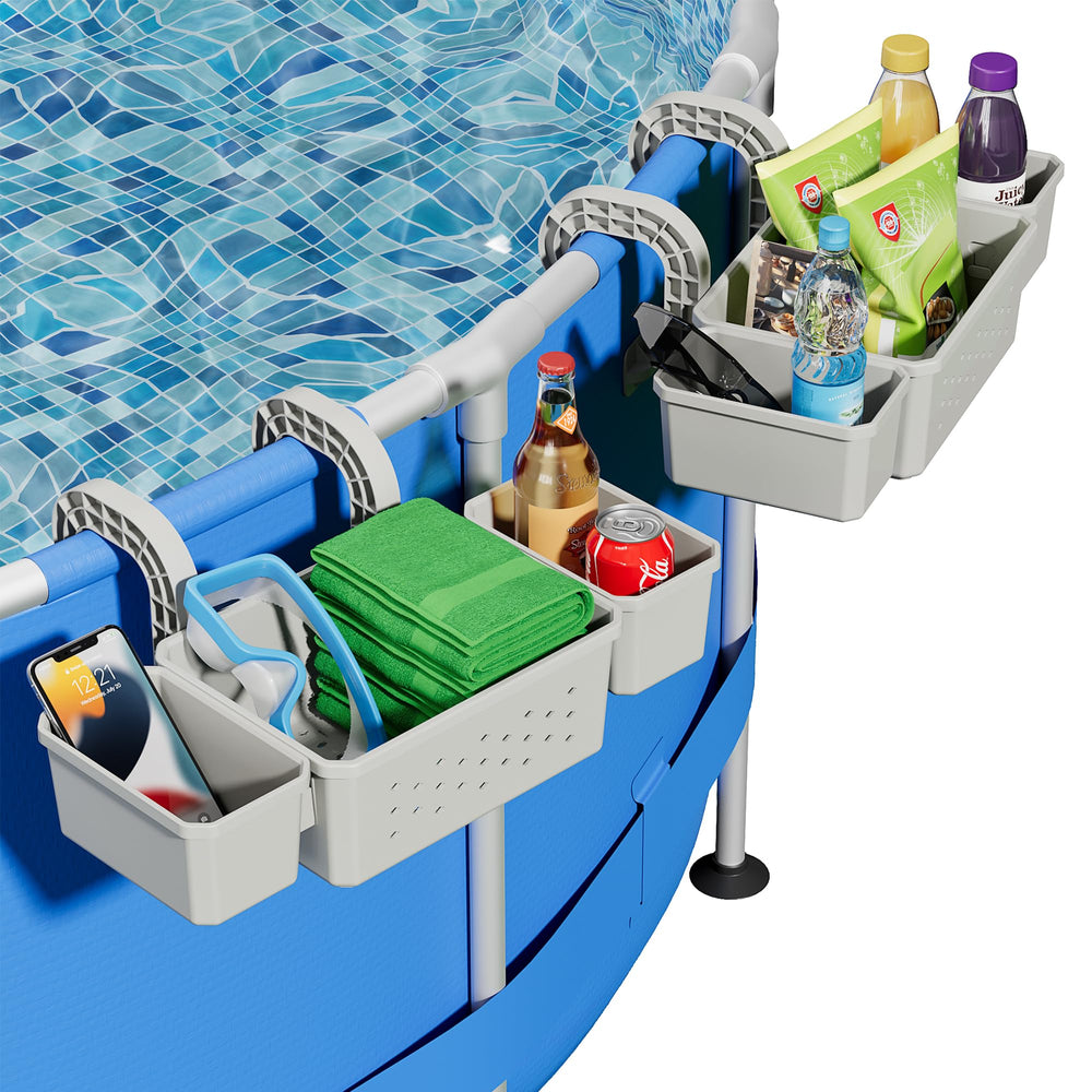 Kompoll Poolside Storage Basket gray front view with cup holders