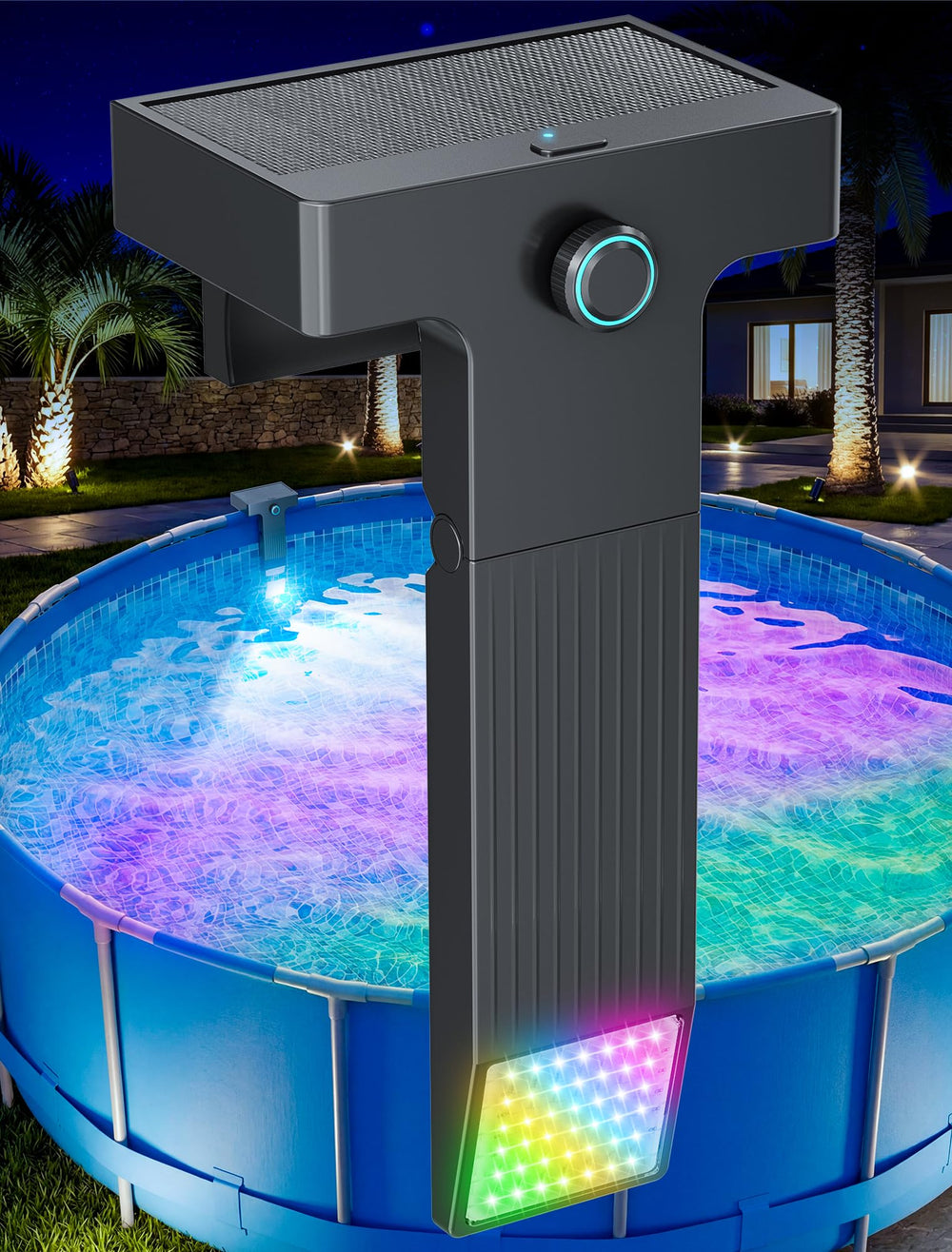 Kompoll Solar Pool Light front view on a metal frame pool