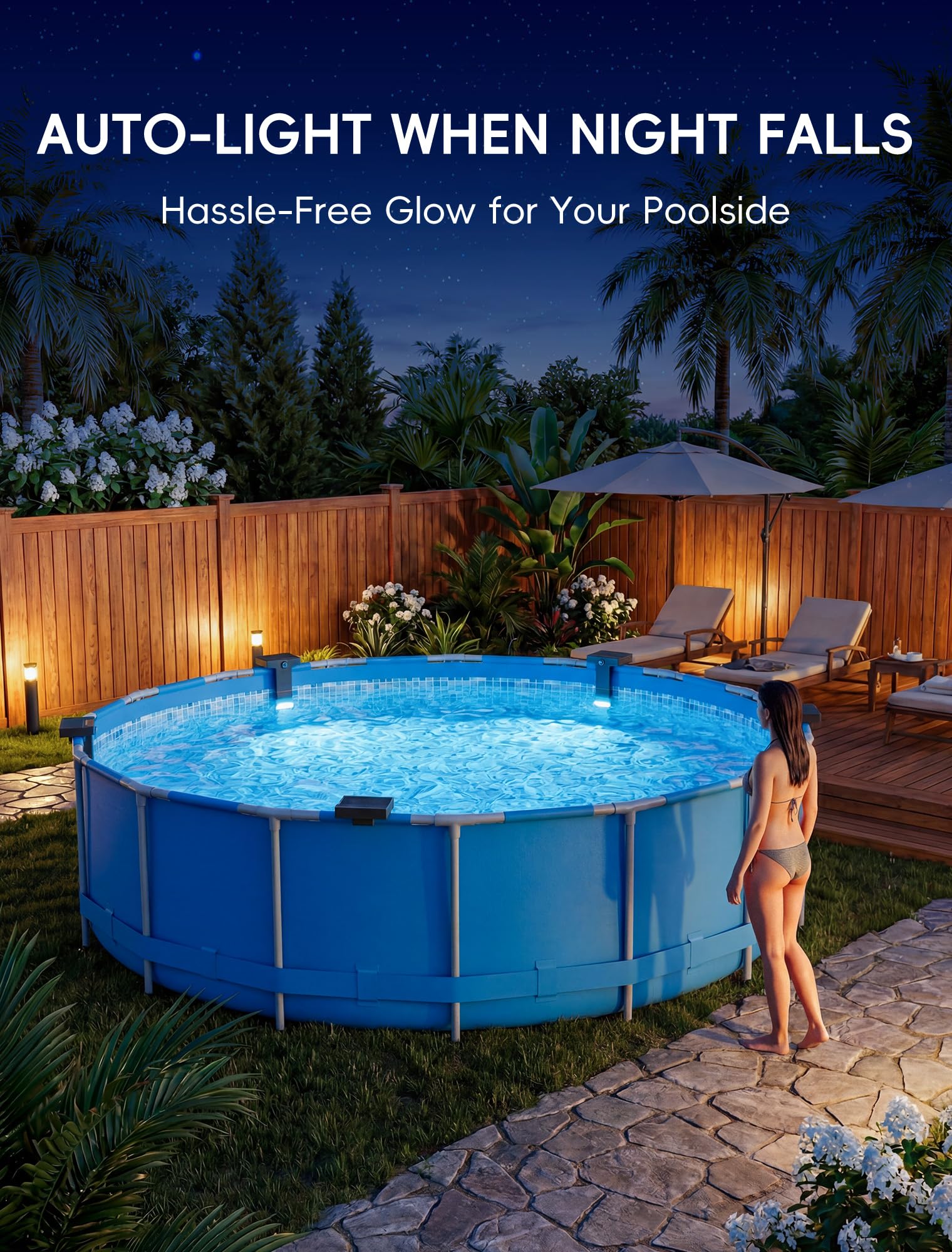 Kompoll Solar Pool Light in outdoor evening setting