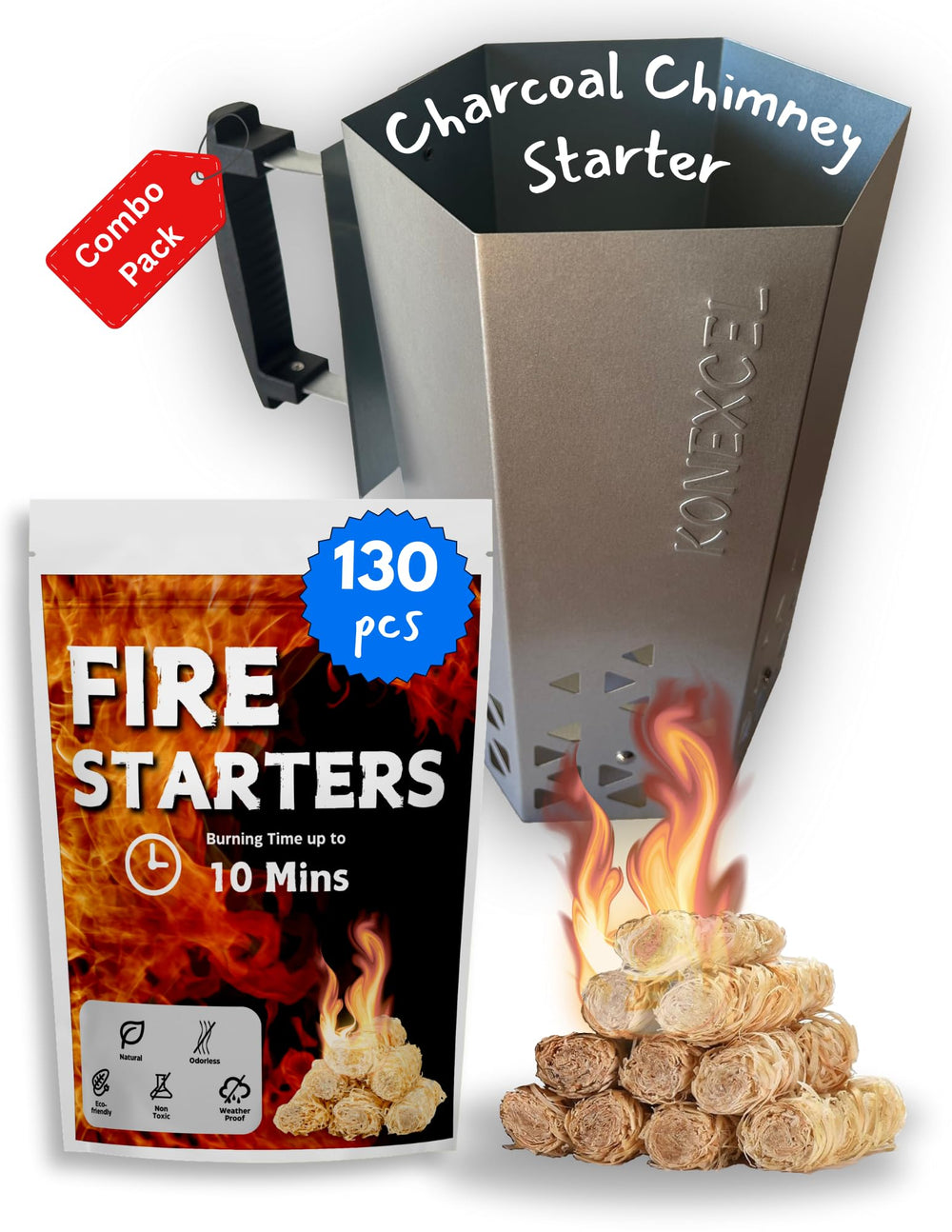 Konexcel Charcoal Chimney Starter XL front view with natural wooden fire starters