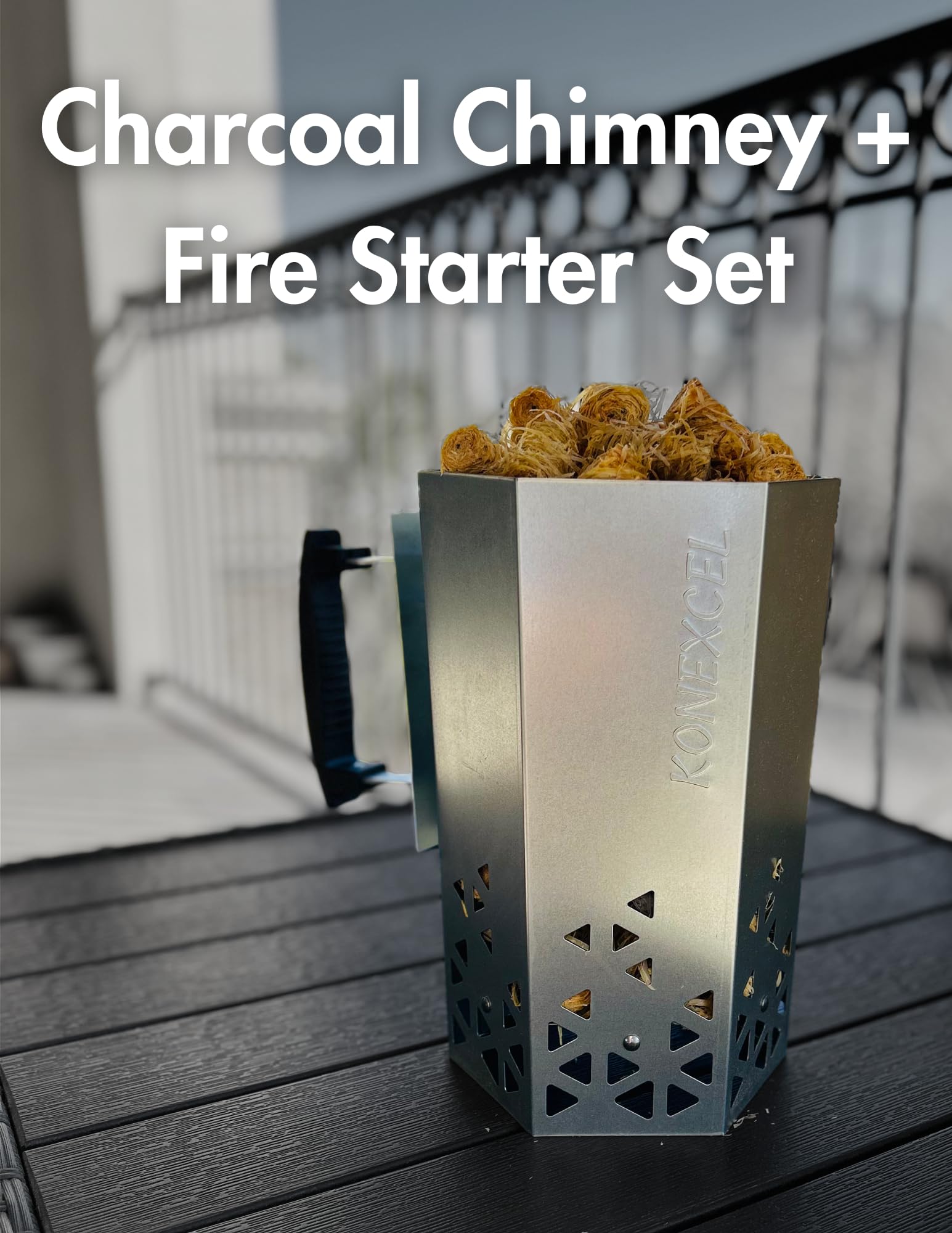 Konexcel Charcoal Chimney Starter XL side view showing heat shield