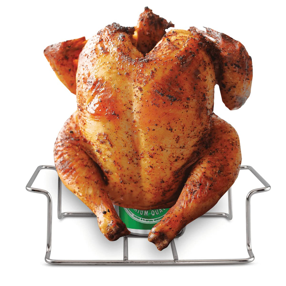 Koohere Beer Can Chicken Holder with marinated chicken on grill