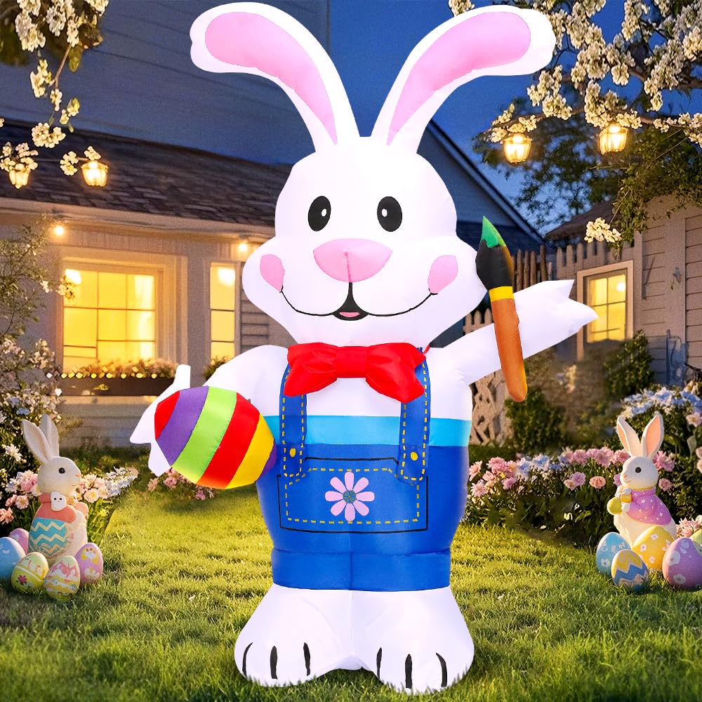 KOOY 6FT Inflatable Easter Bunny front view with LED lights