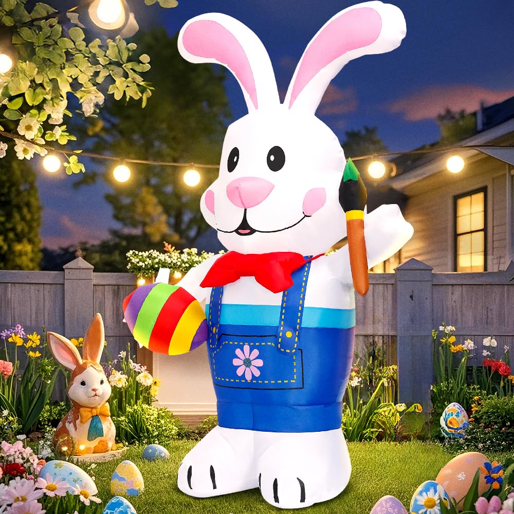 KOOY Inflatable Bunny with paintbrush and Easter eggs detail