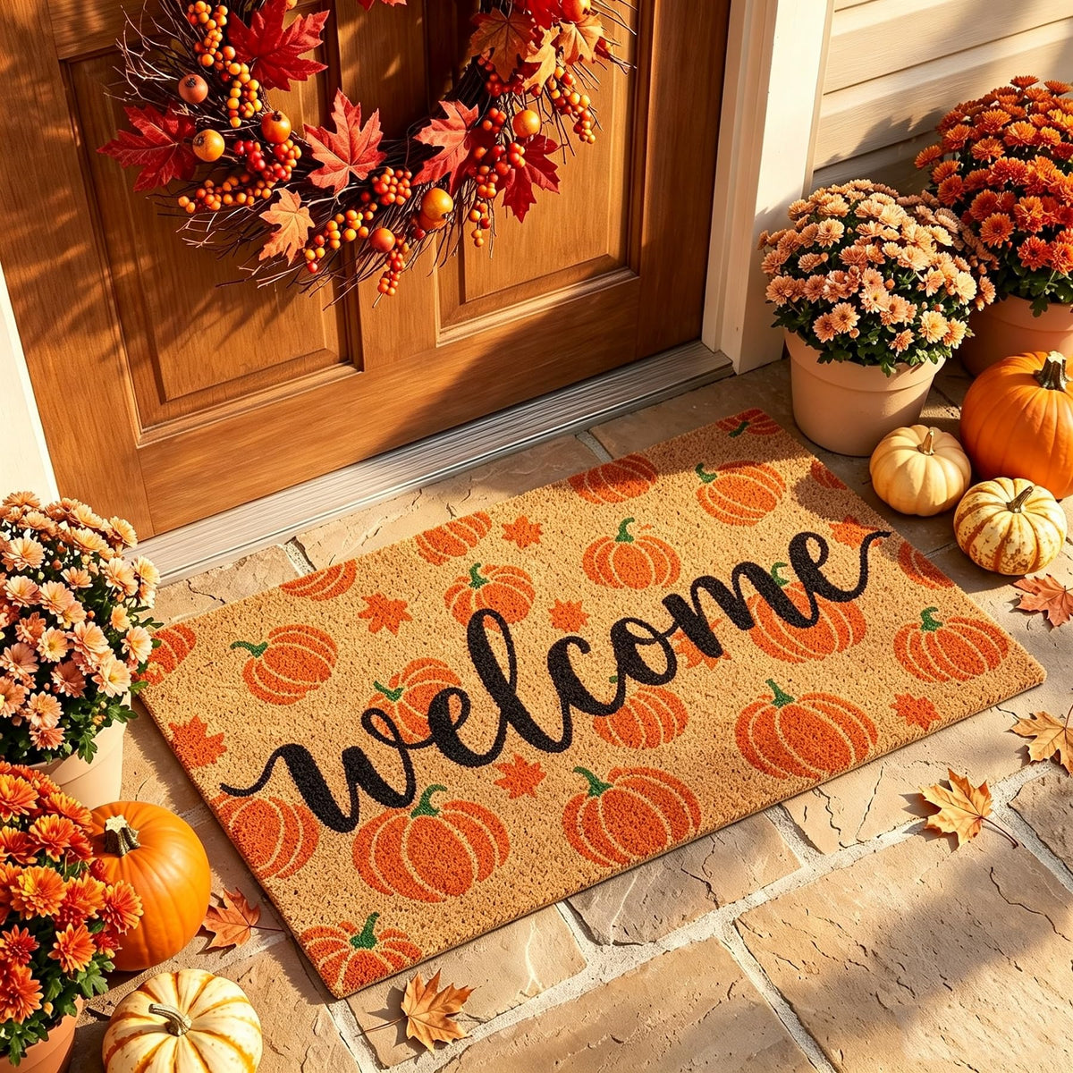 Korlon Tec Fall Door Mat with pumpkin and maple leaf design