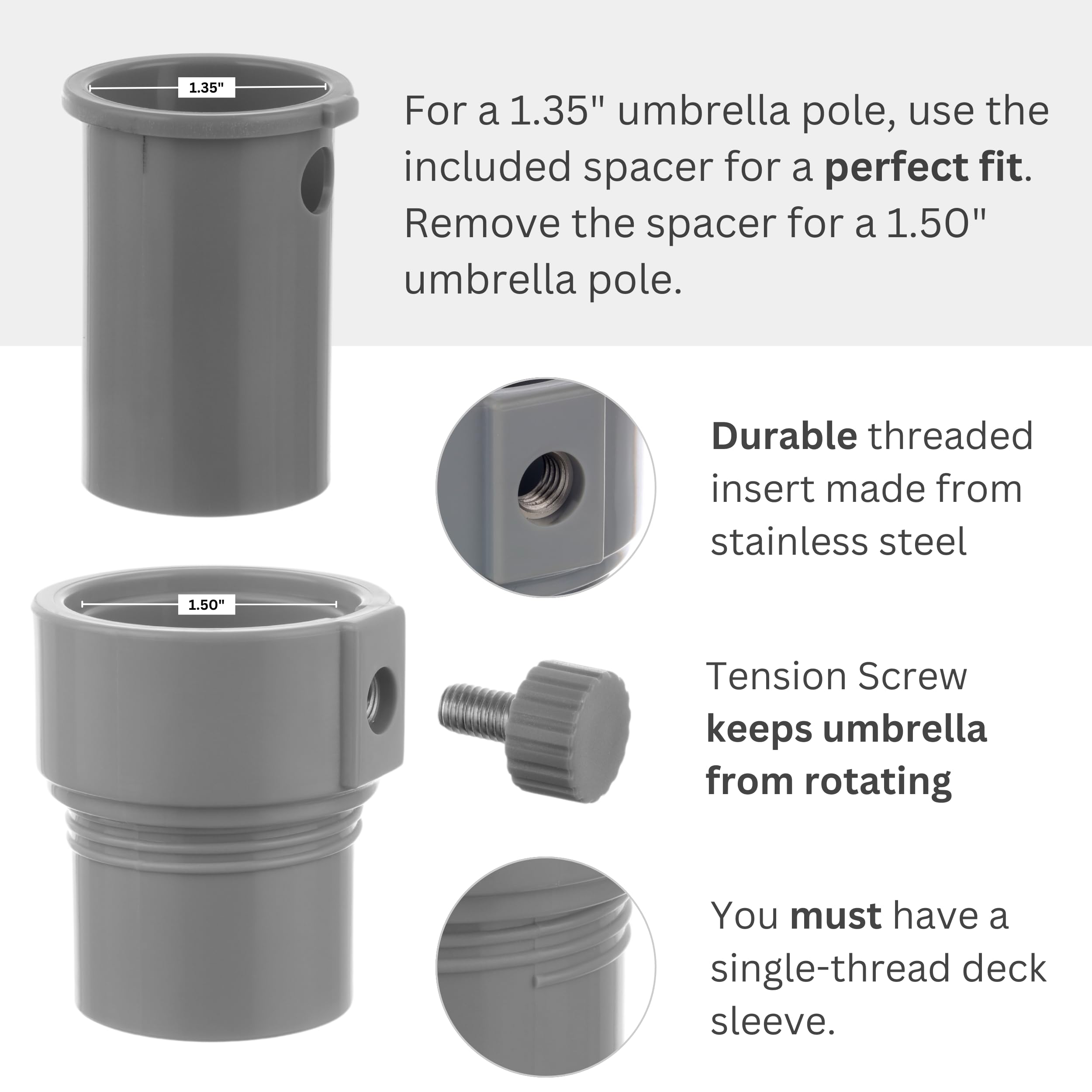 Kraemer Umbrella Pole Stabilizer dimensions on a measuring tape