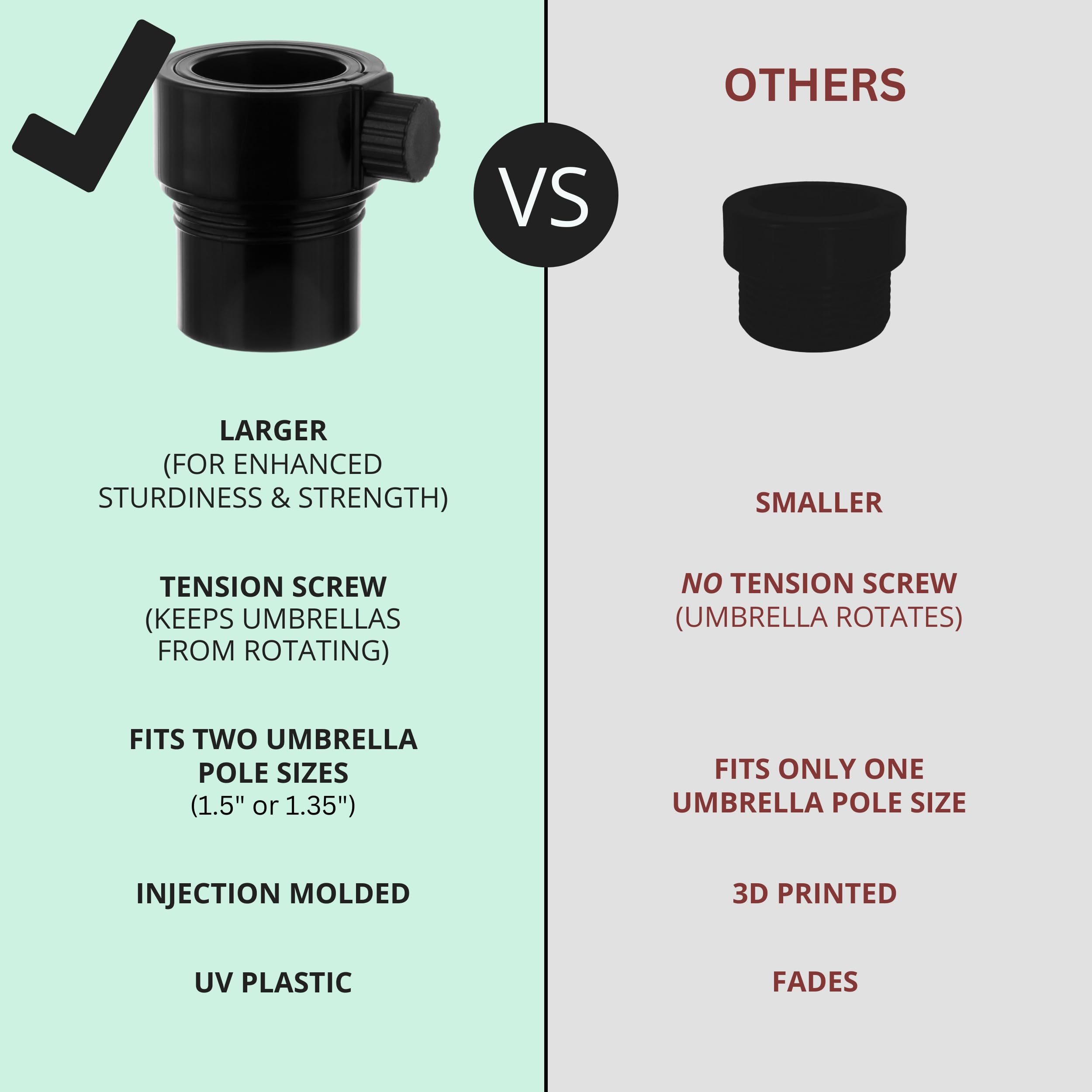 Kraemer Umbrella Pole Stabilizer next to 1.5" and 1.35" umbrella poles