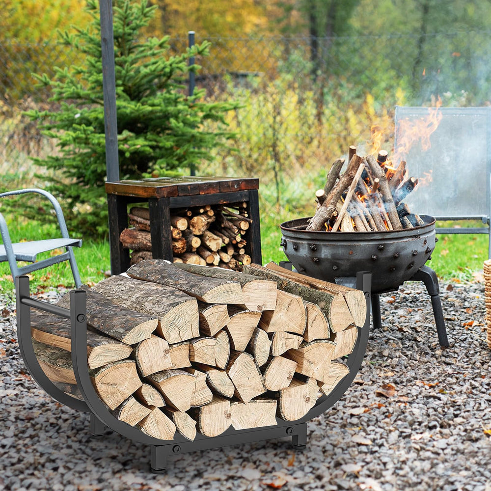 KRZKRZ Firewood Rack assembled next to a fireplace with logs
