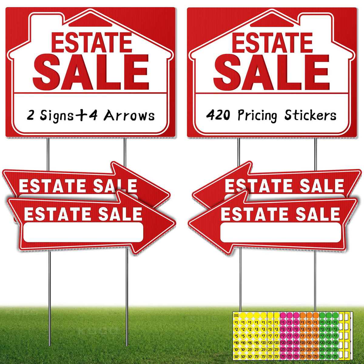 Kuco Estate Sale Signs Kit with two large main boards and four directional arrows