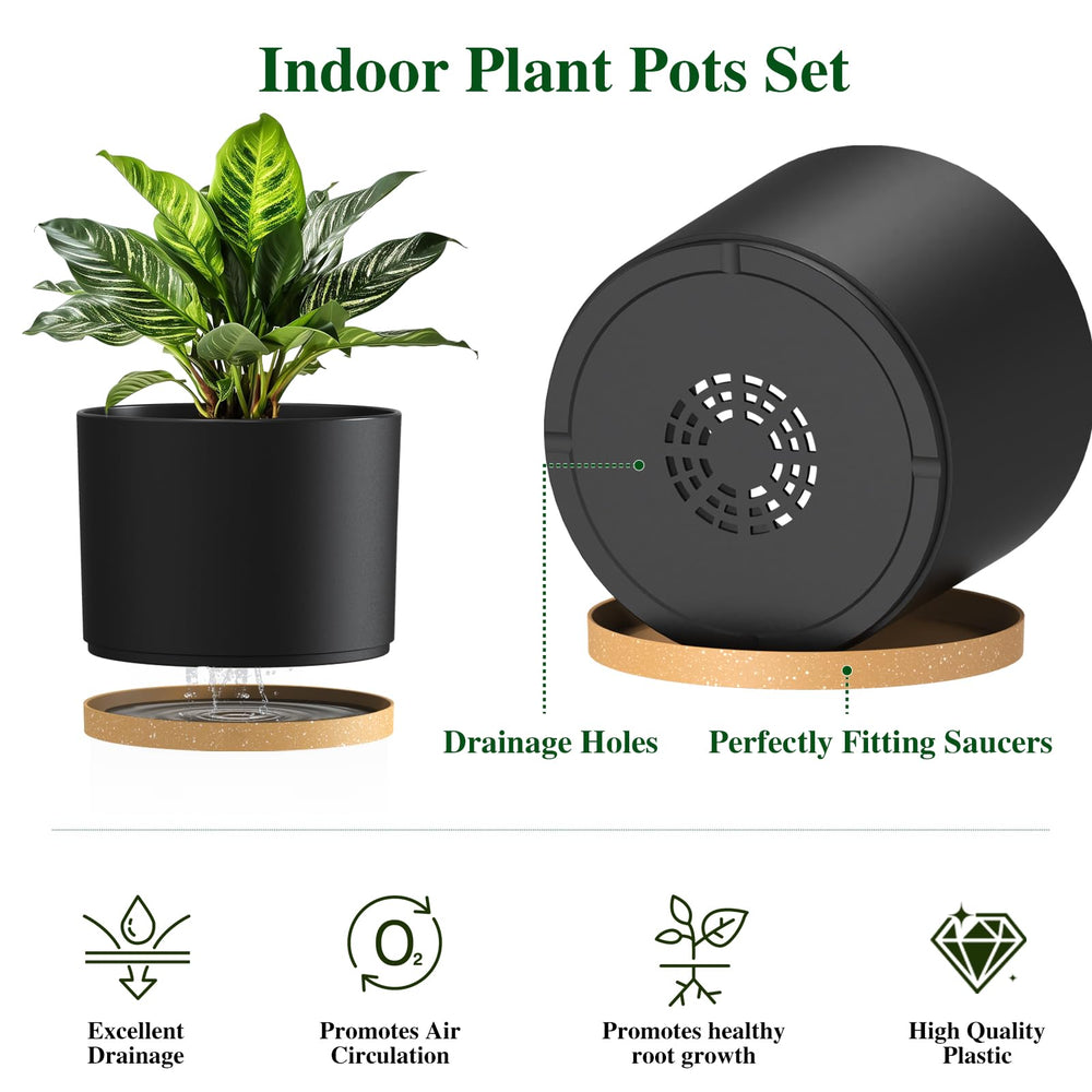 KUGAZ 8-inch black plant pot in a garden setting