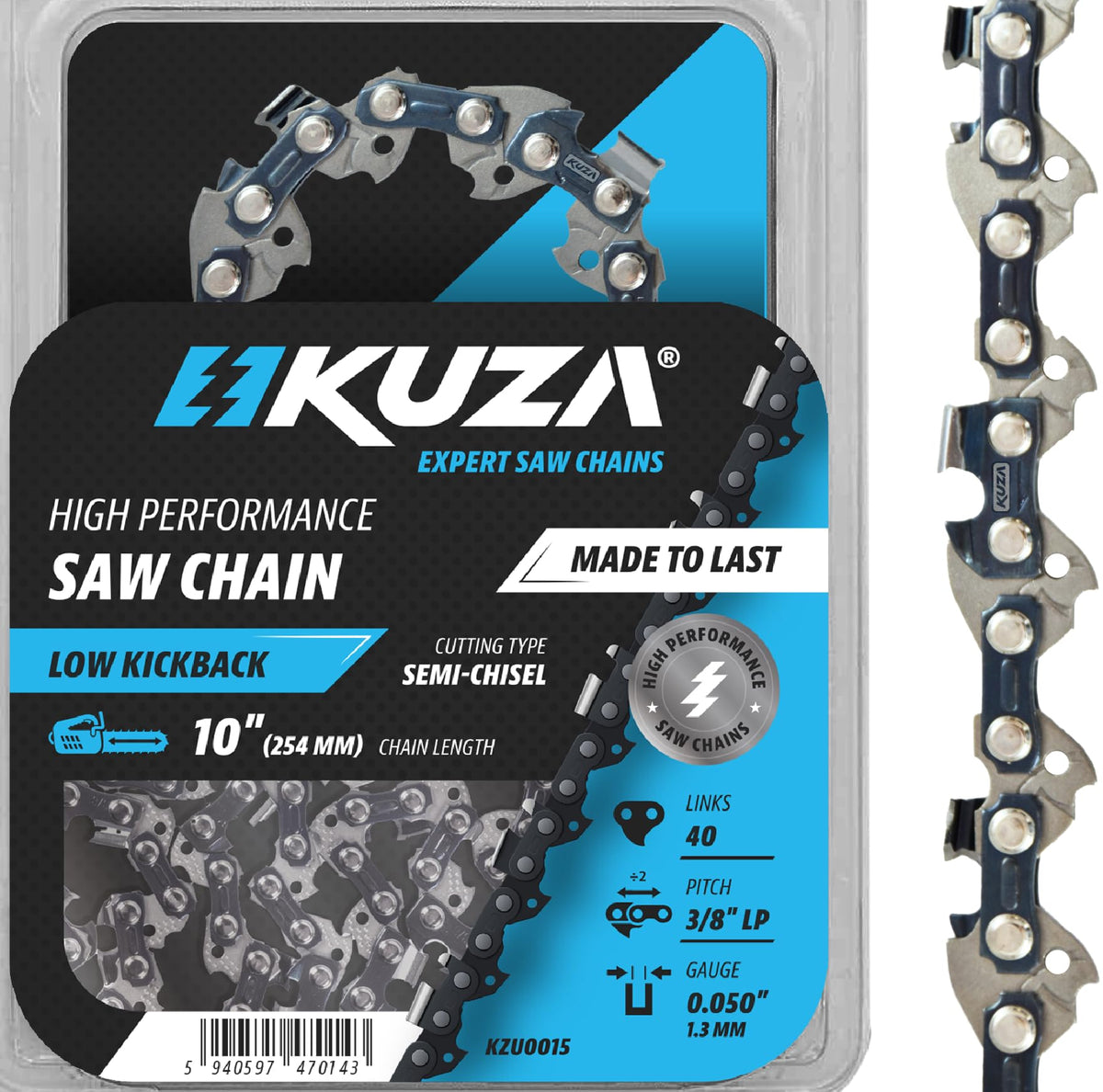 KUZA 10 inch chainsaw chain front view showing sharp cutting edge