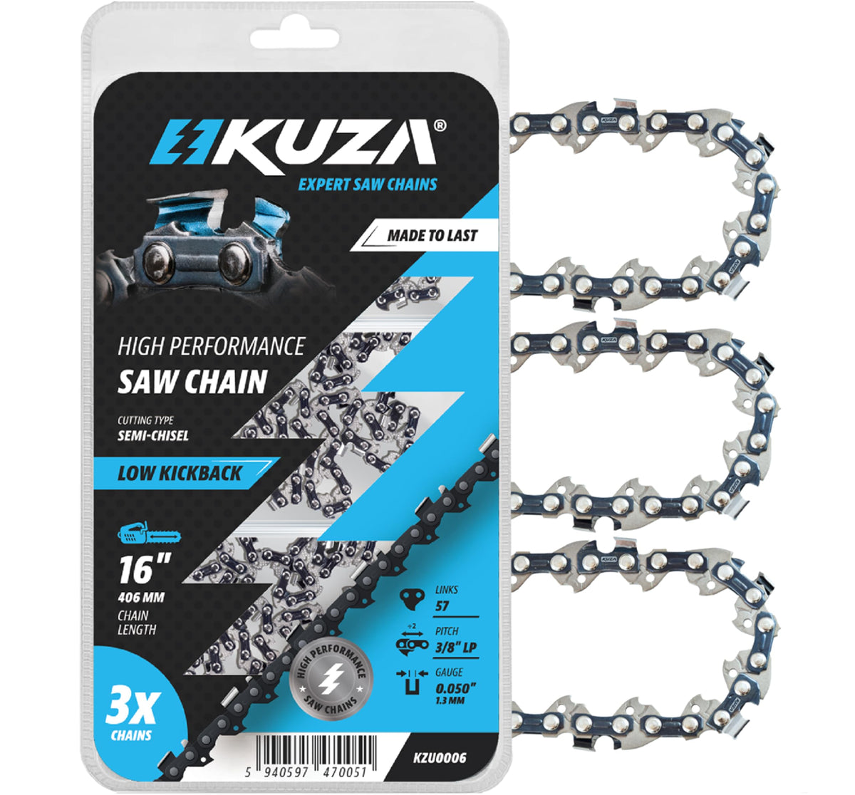 KUZA 16 inch chainsaw chain front view showing sharp cutting edges