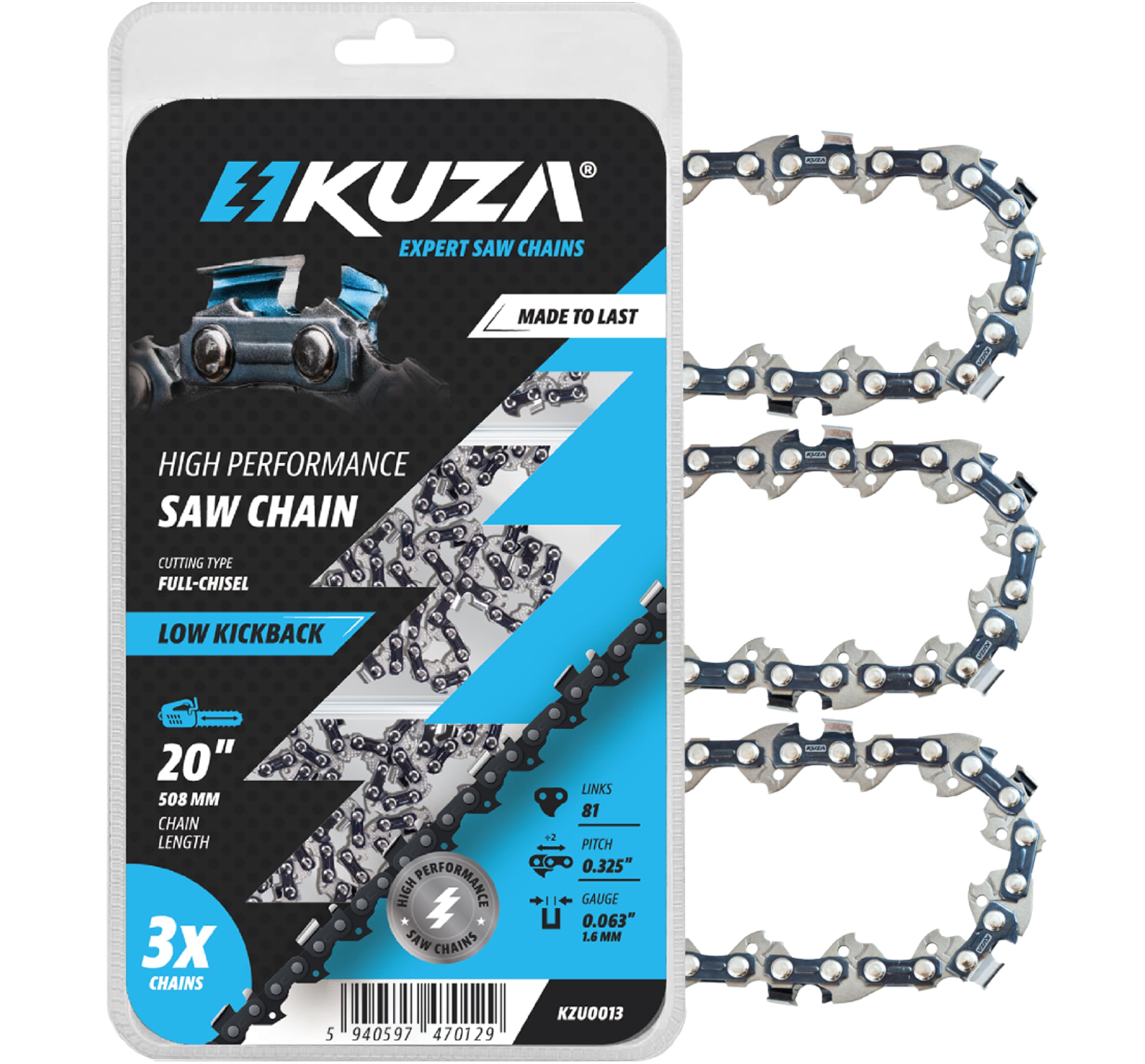 KUZA 20 Inch Chainsaw Chain front view showing German steel construction