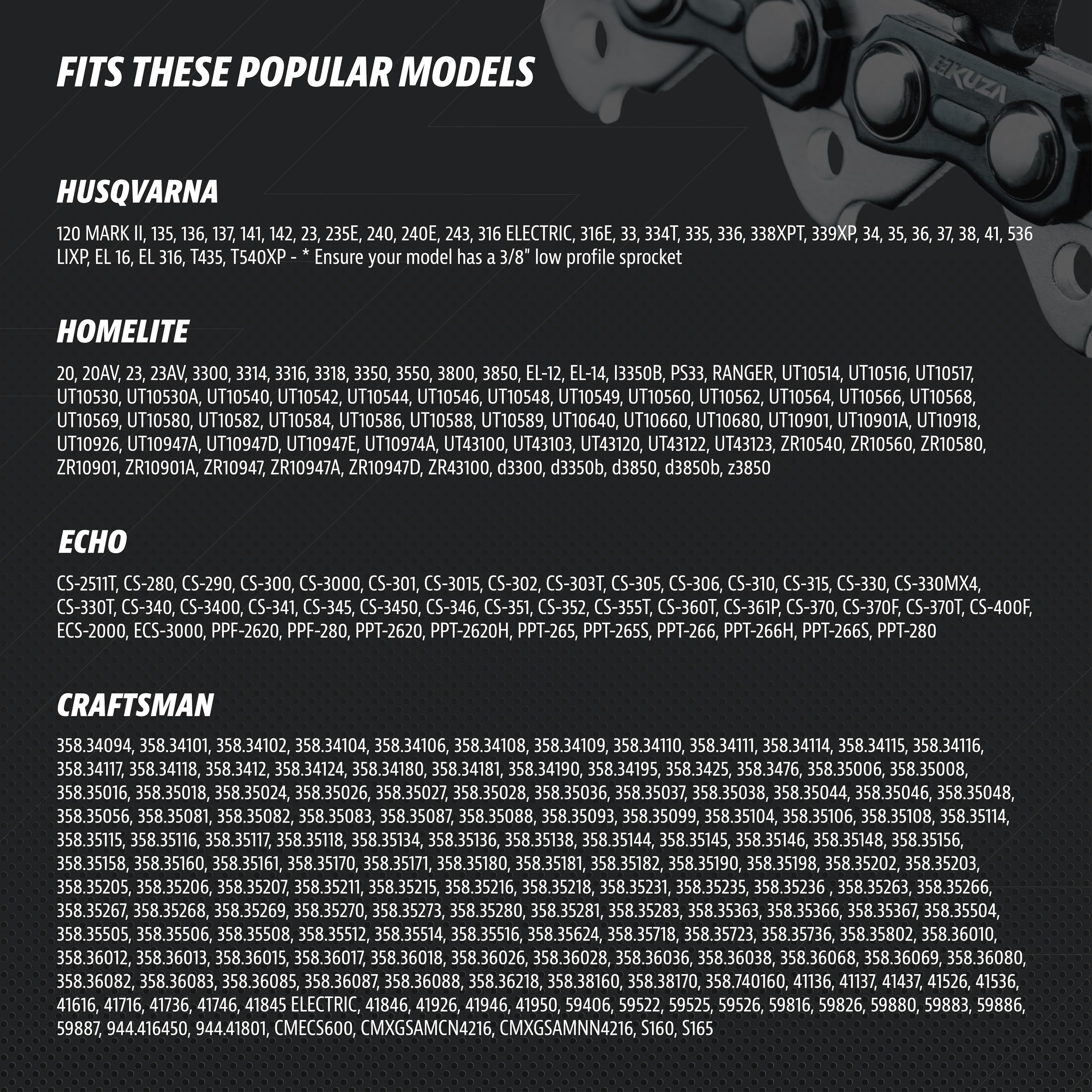 KUZA chainsaw chain dimensions and details