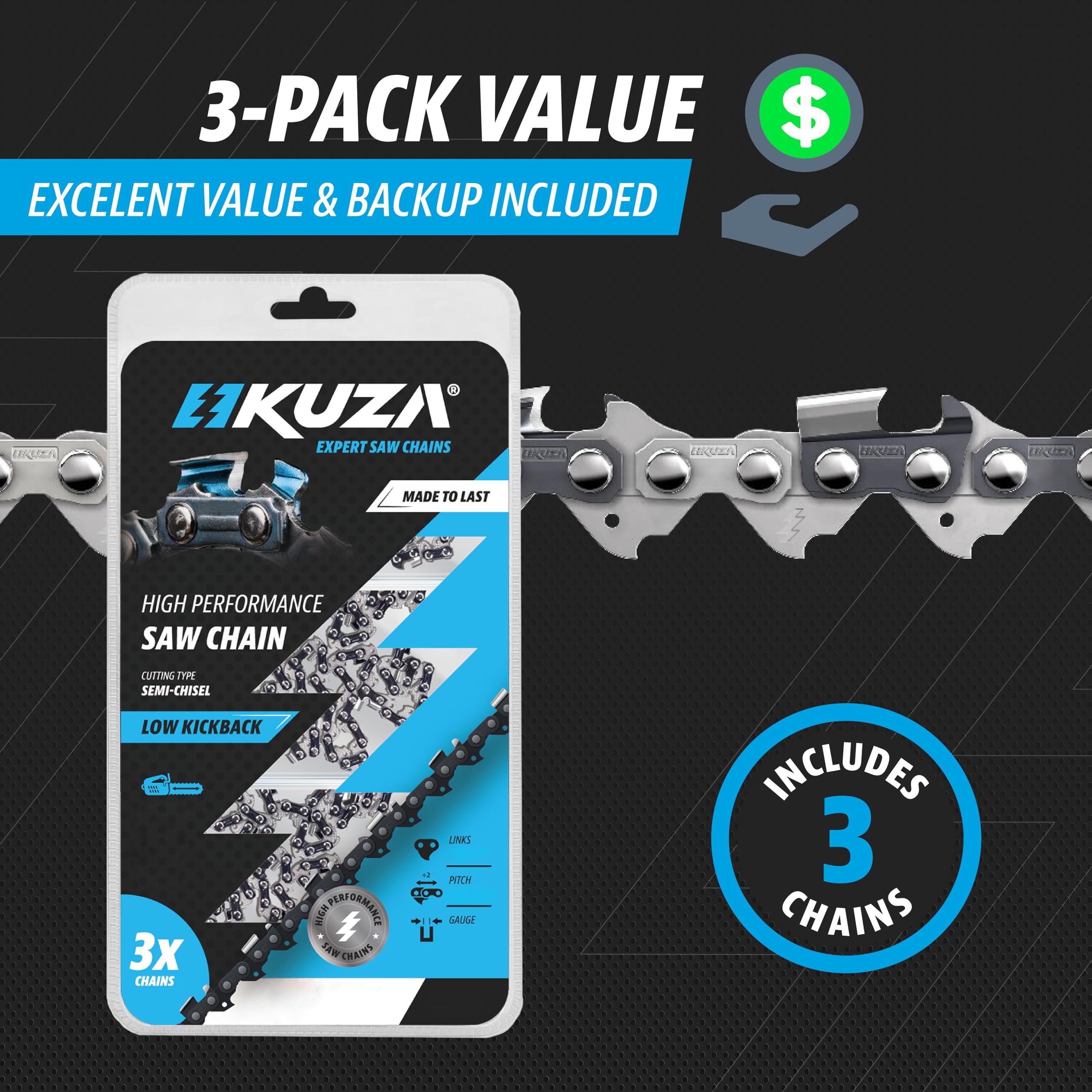 KUZA chainsaw chain showing sharp cutting edge