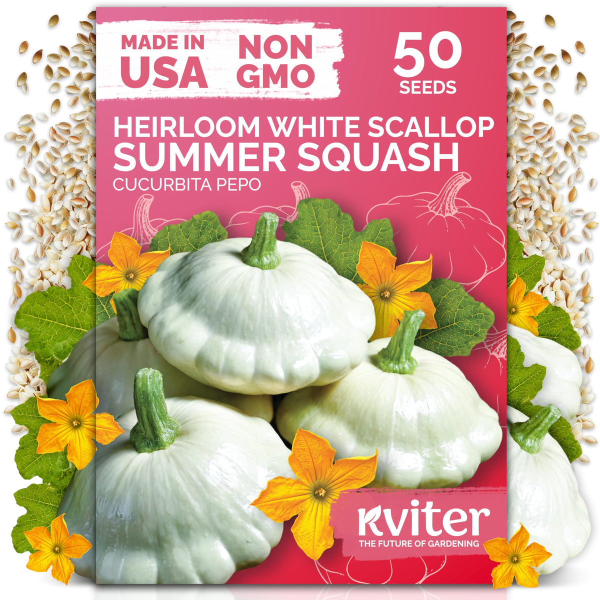KVITER 50 White Patty Pan Squash Seeds packaging front view