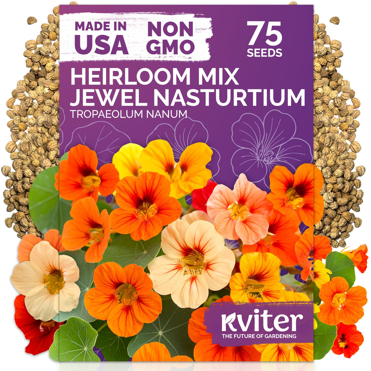 KVITER 75 Mix Jewel Nasturtium Heirloom Flower Seeds packaging