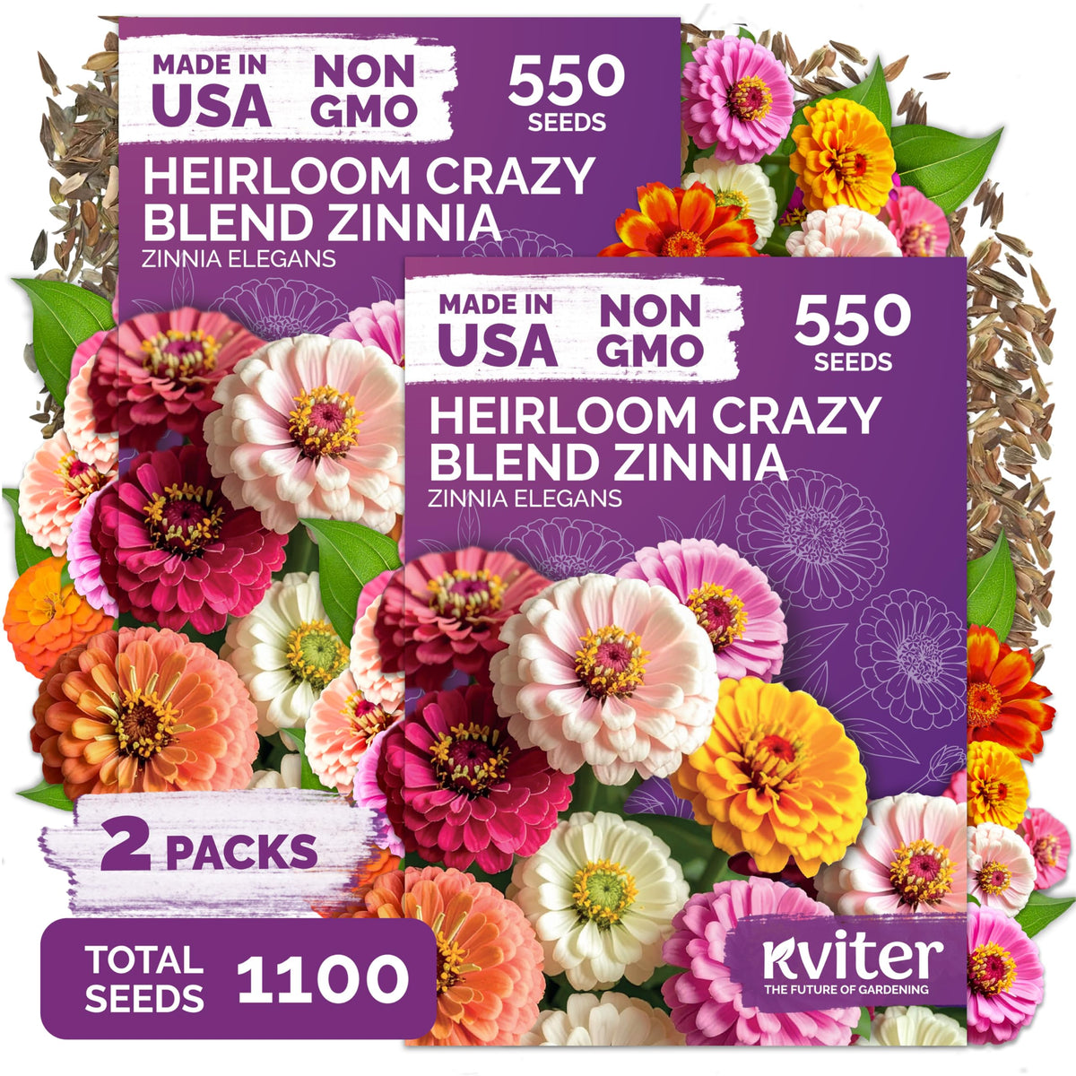 KVITER Crazy Blend Zinnia Heirloom Flower Seeds package front view