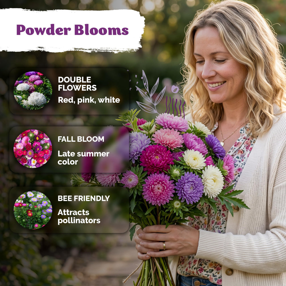 KVITER Mix Powder Puff China Aster seeds in hand with garden background