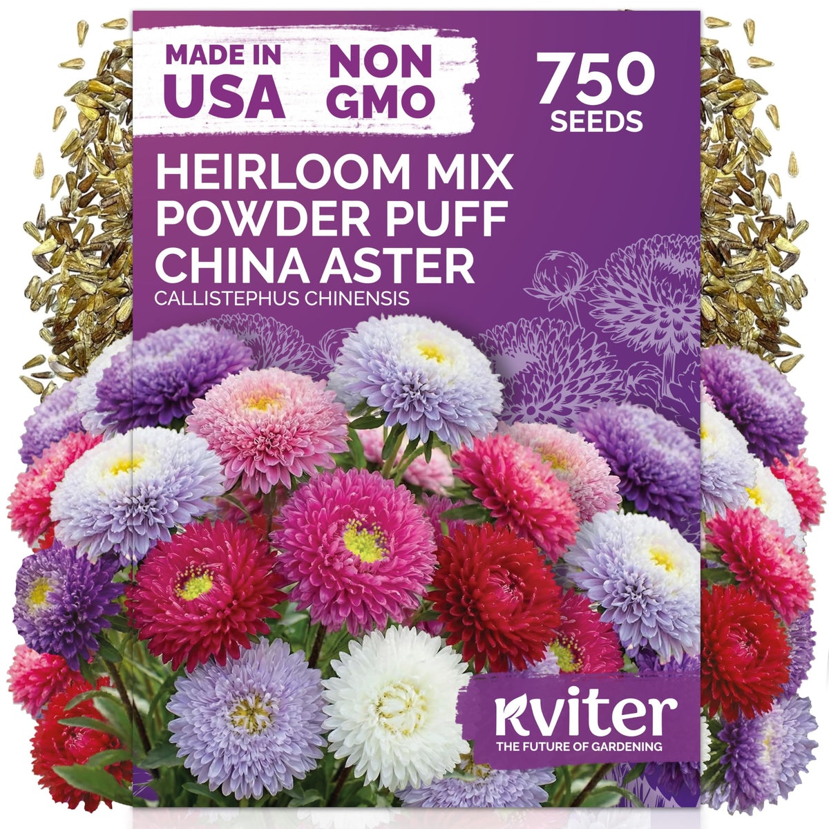 KVITER Mix Powder Puff China Aster Seeds packet front view