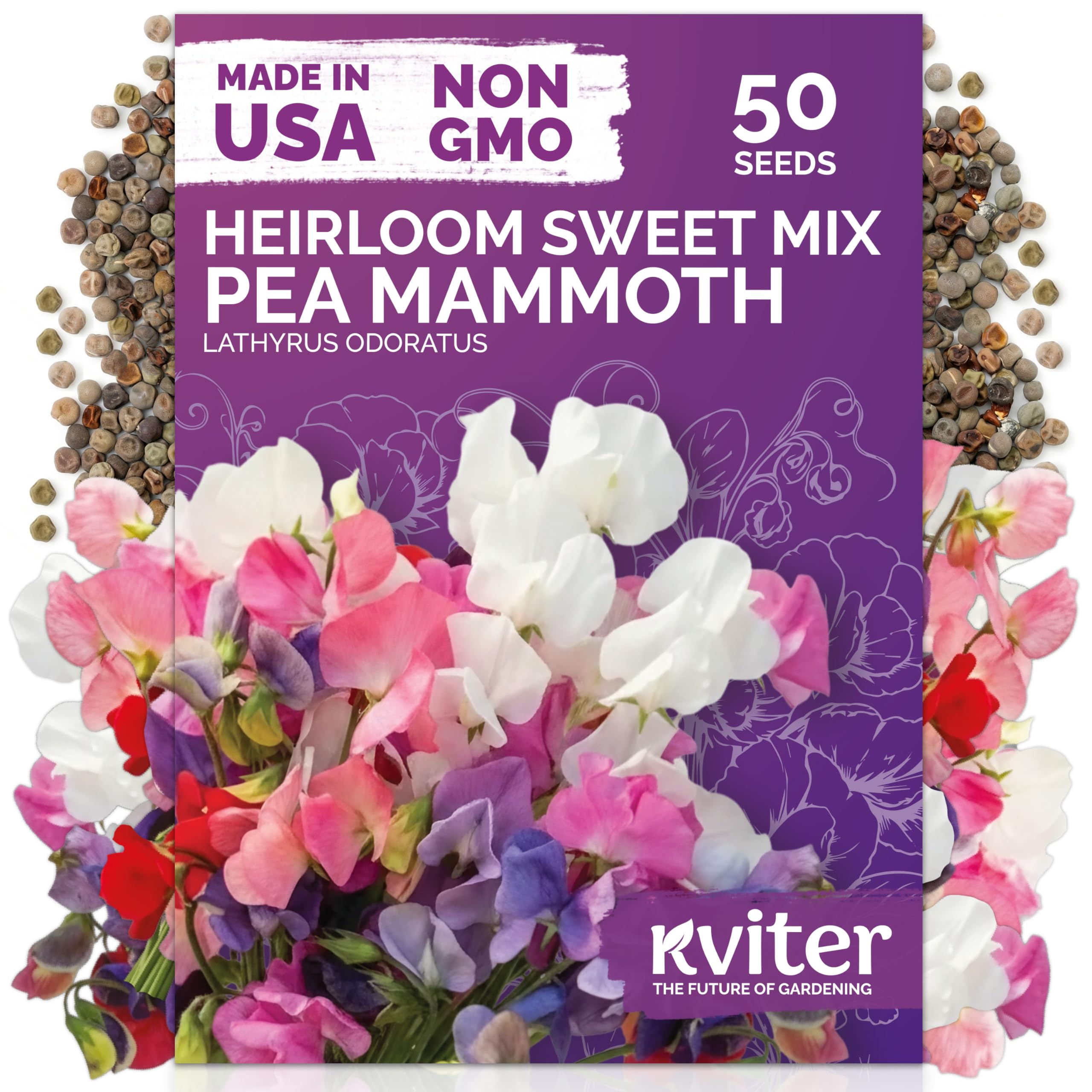 KVITER Sweet Pea Mammoth Mix Flower Seeds package front view