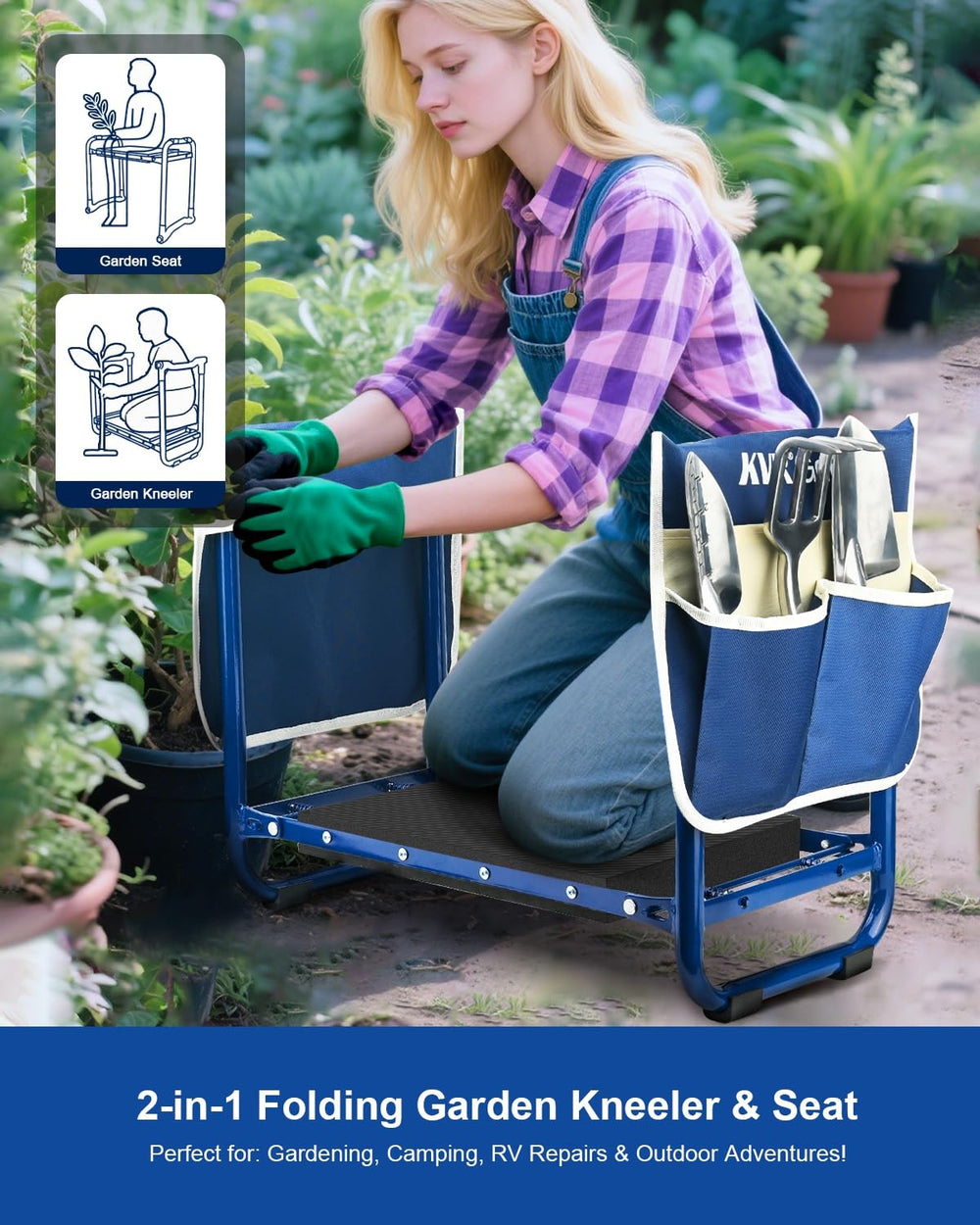 KVR Garden Kneeler side view showing aluminum tools