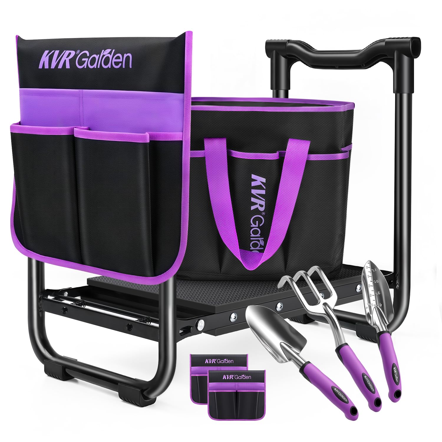 KVR Garden Stool & Kneeler Set with tools and tote bag in purple