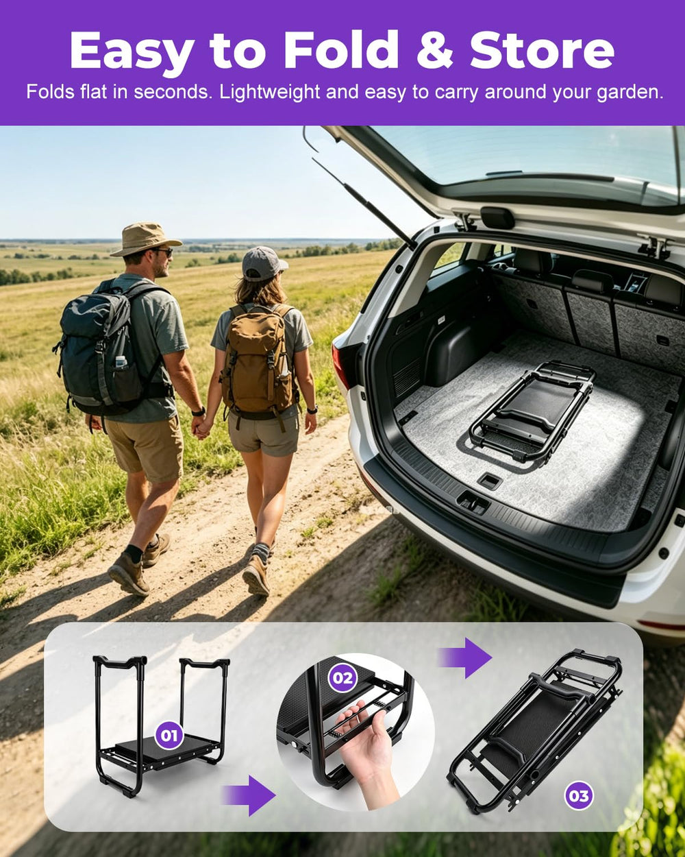 KVR garden tools displayed on a garden bench