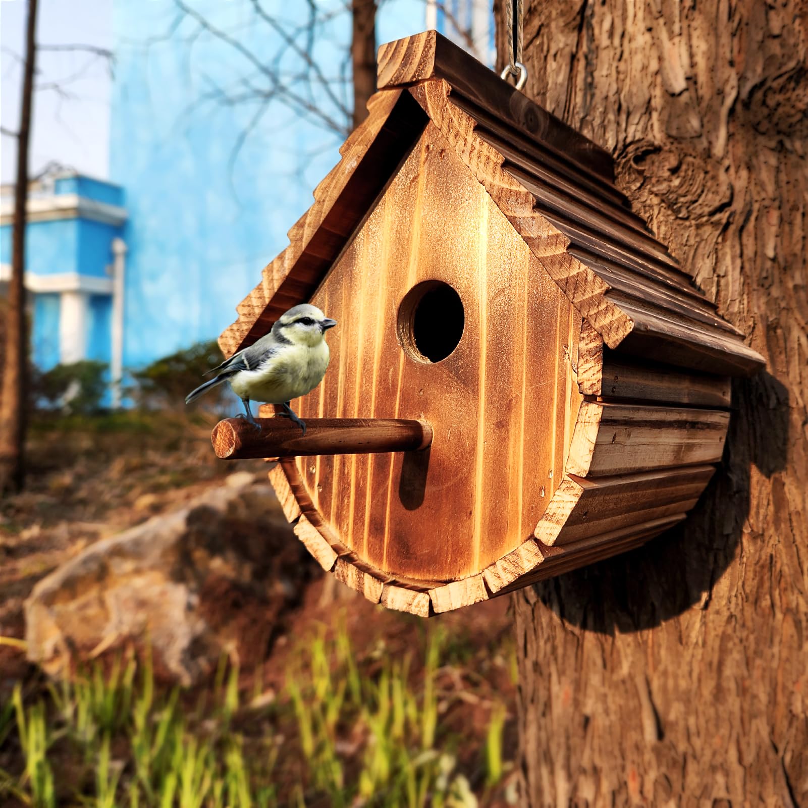 KWISAMR wooden birdhouse in a garden setting