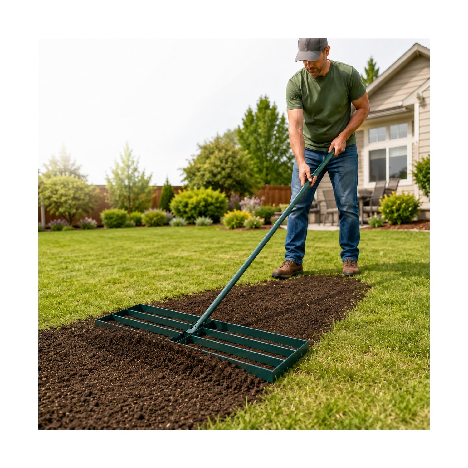 KXGBARN 30 Inch Lawn Leveling Rake front view with adjustable handle