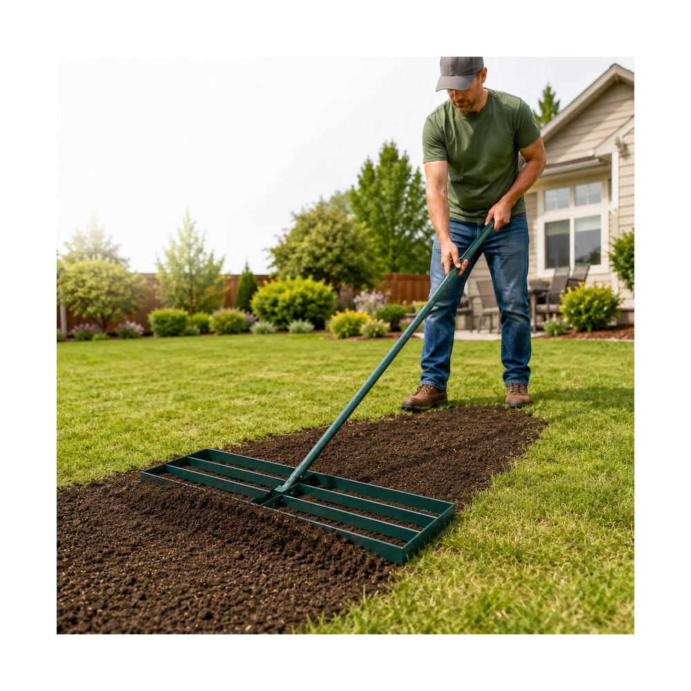 KXGBARN 30 Inch Lawn Leveling Rake front view with adjustable handle