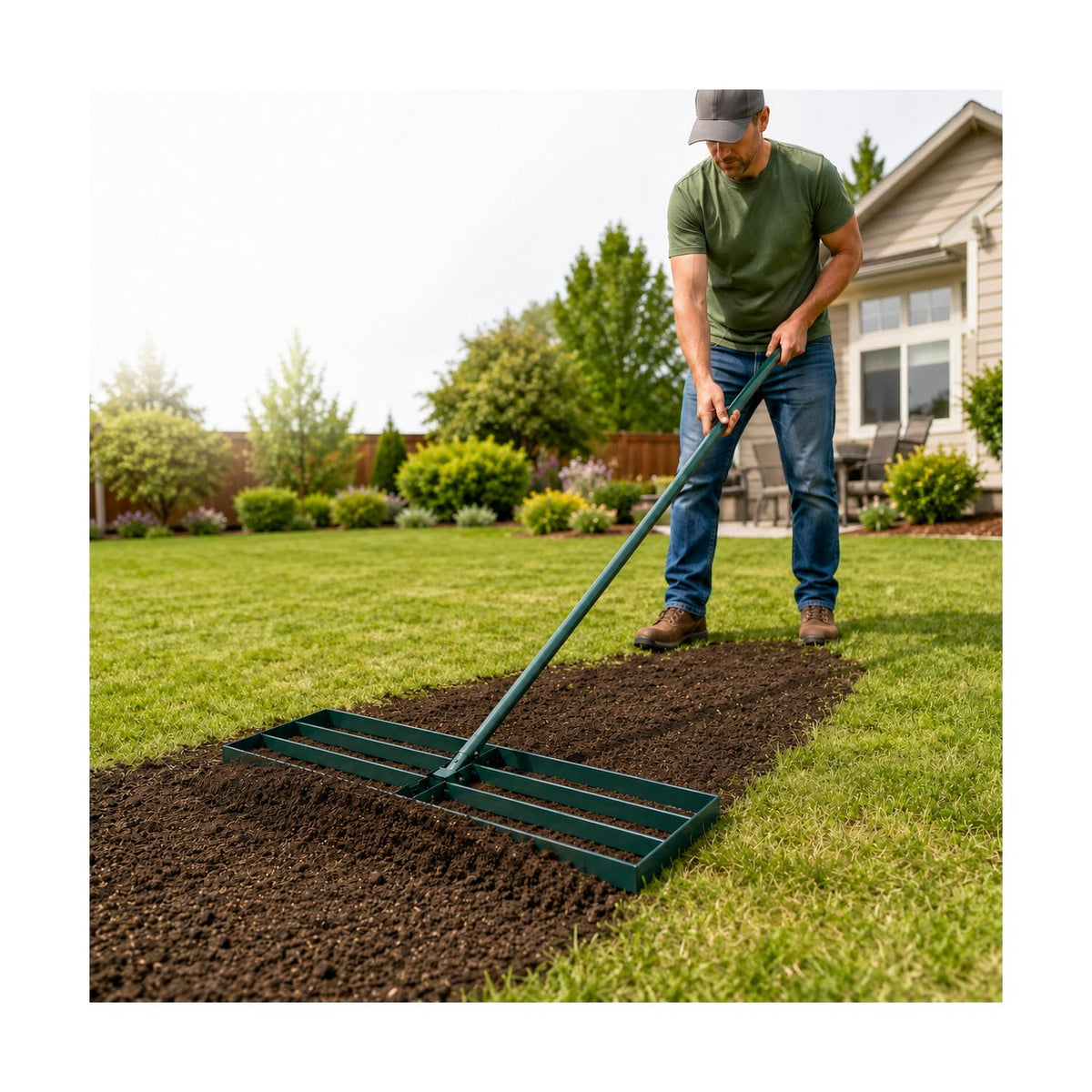 KXGBARN 30 Inch Lawn Leveling Rake front view with adjustable handle