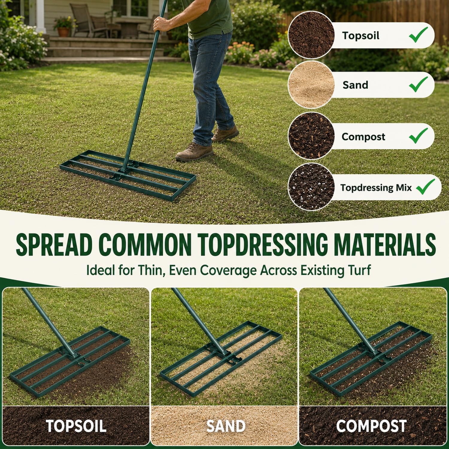 KXGBARN Lawn Leveling Rake in use for topdressing