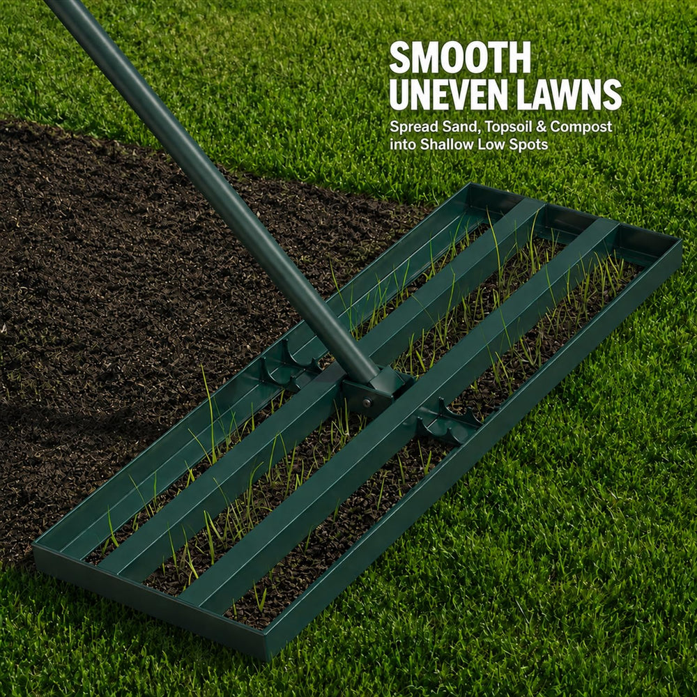 KXGBARN Lawn Leveling Rake showing painted metal construction