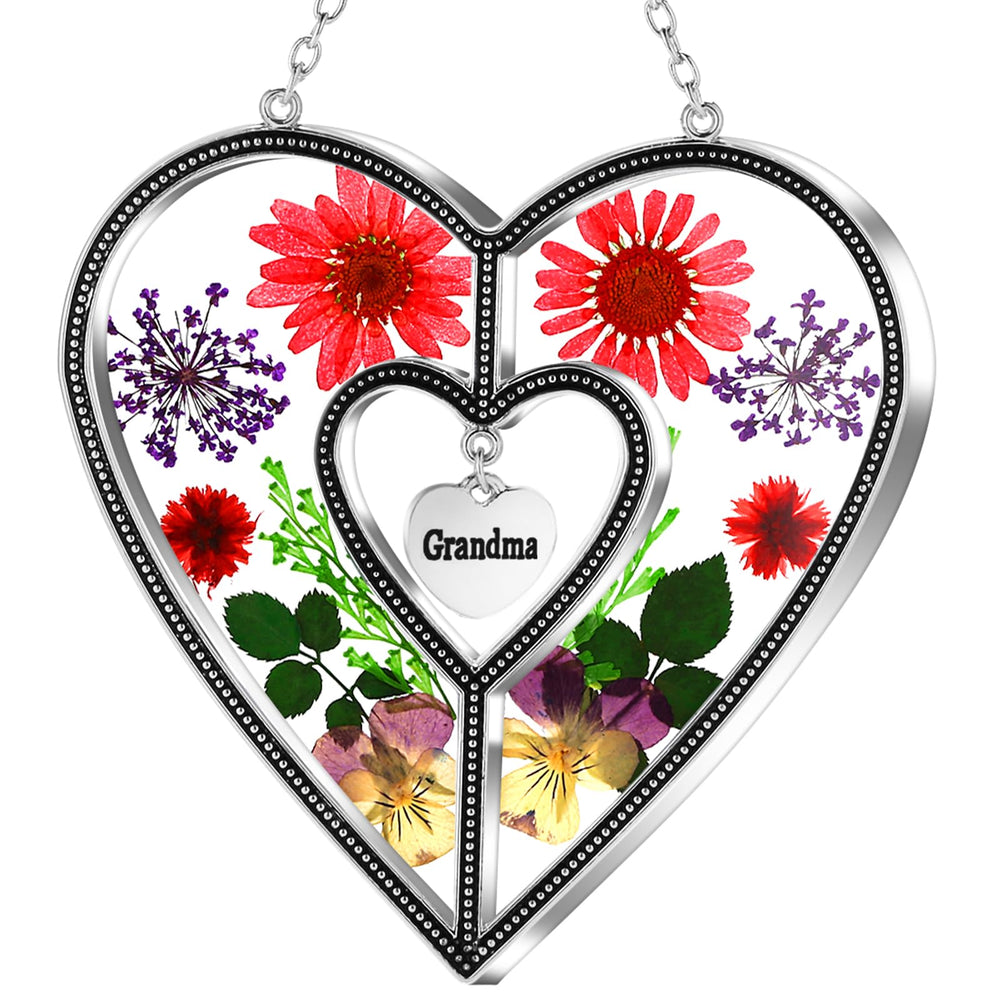 KY&BOSAM Heart Suncatcher front view featuring pressed flowers