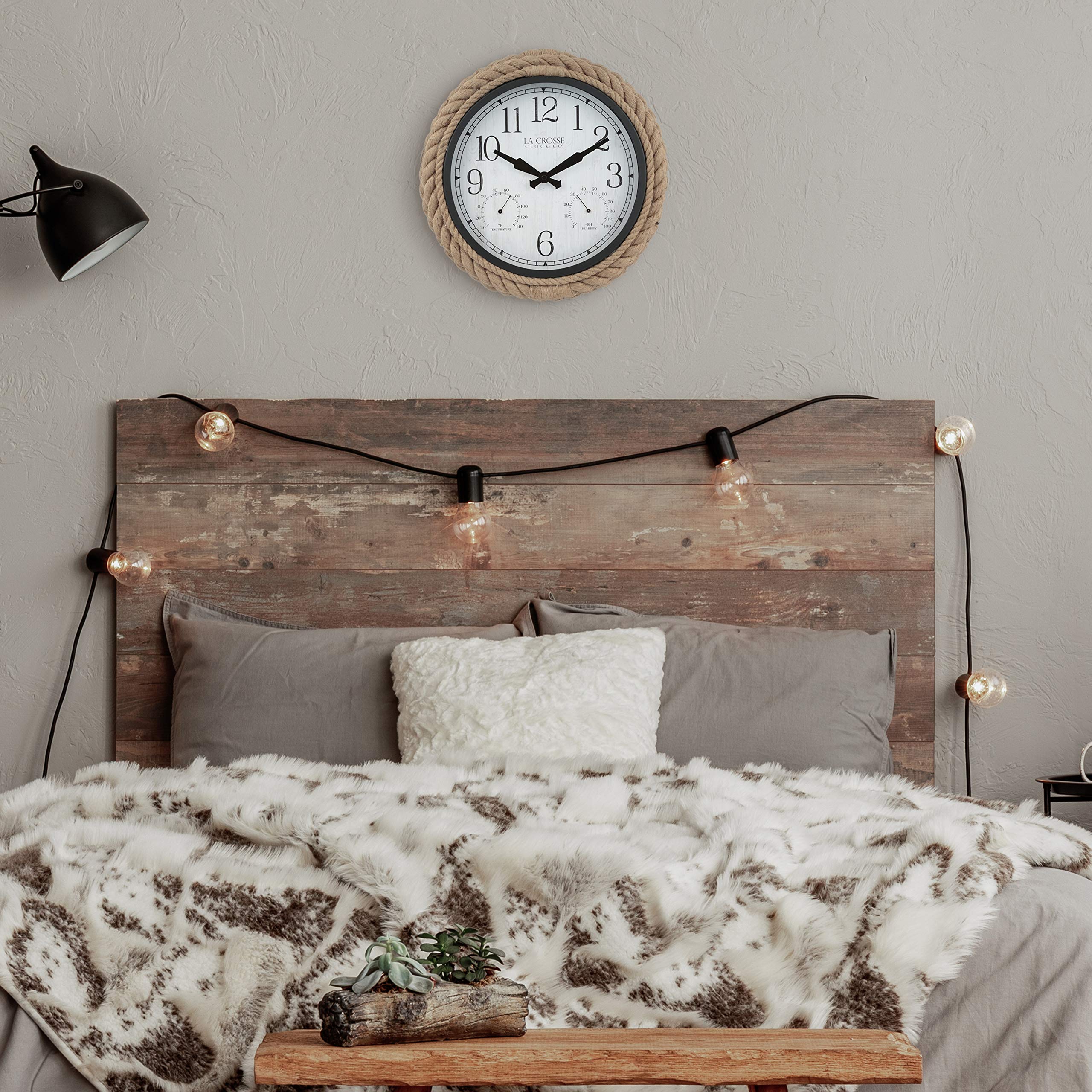 La Crosse 14-inch Rowan wall clock mounted on patio wall