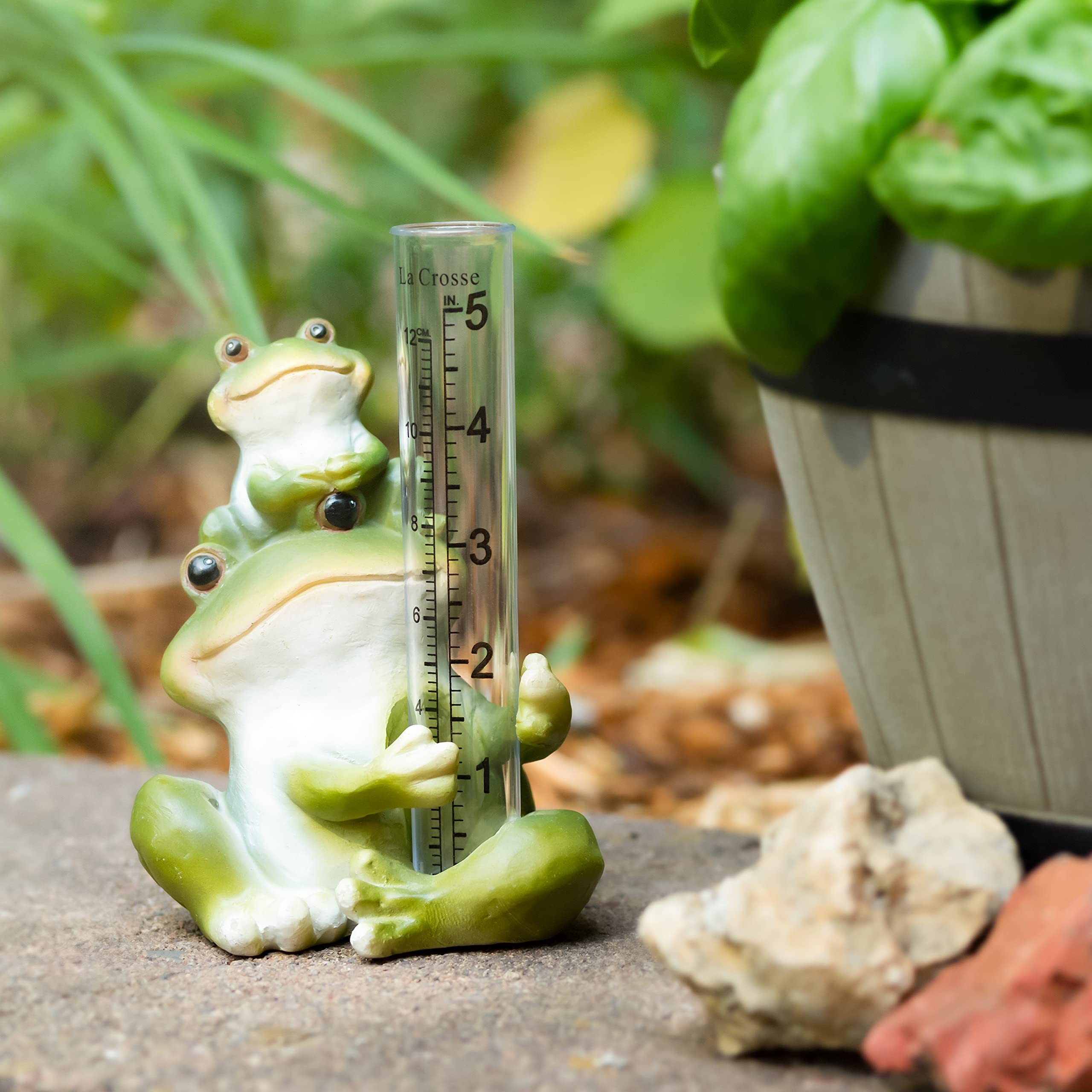 La Crosse Frog Rain Gauge on garden patio