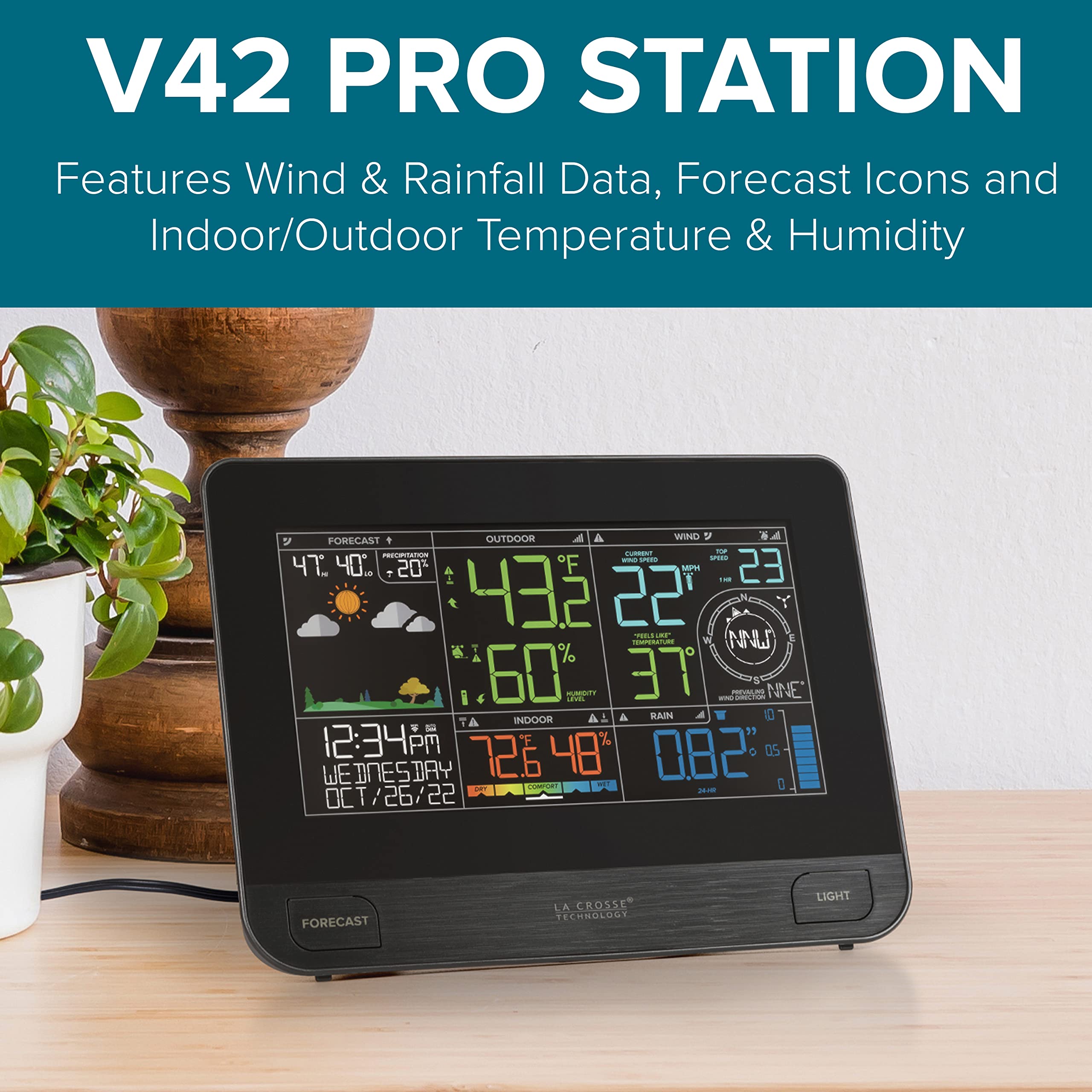 La Crosse Technology weather station display with vibrant icons