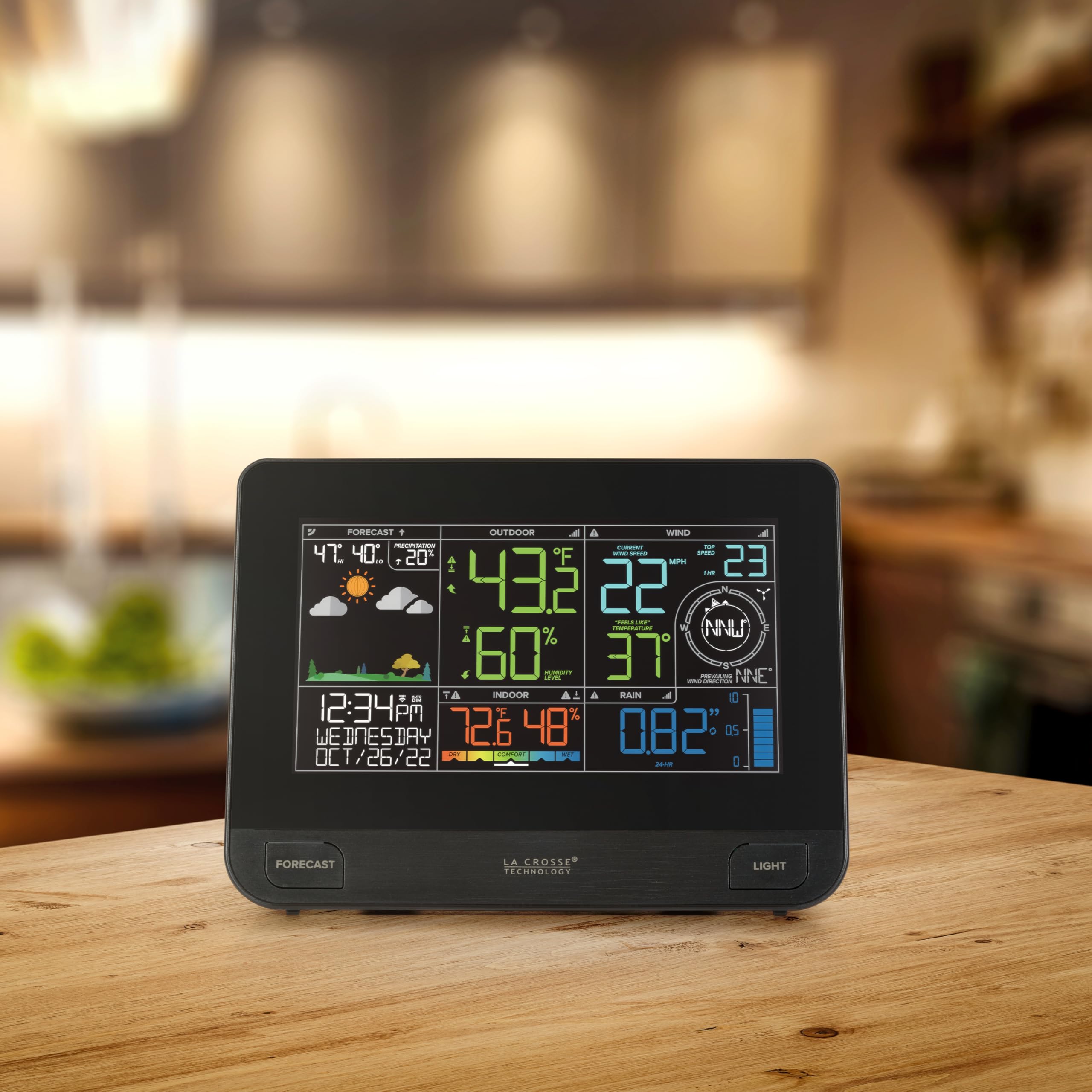 La Crosse Technology weather station displaying indoor temperature and humidity