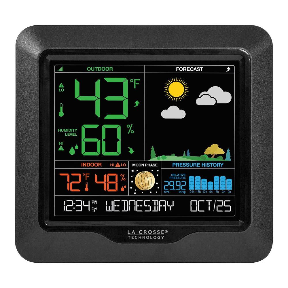 La Crosse Technology weather station with seasonal foliage background