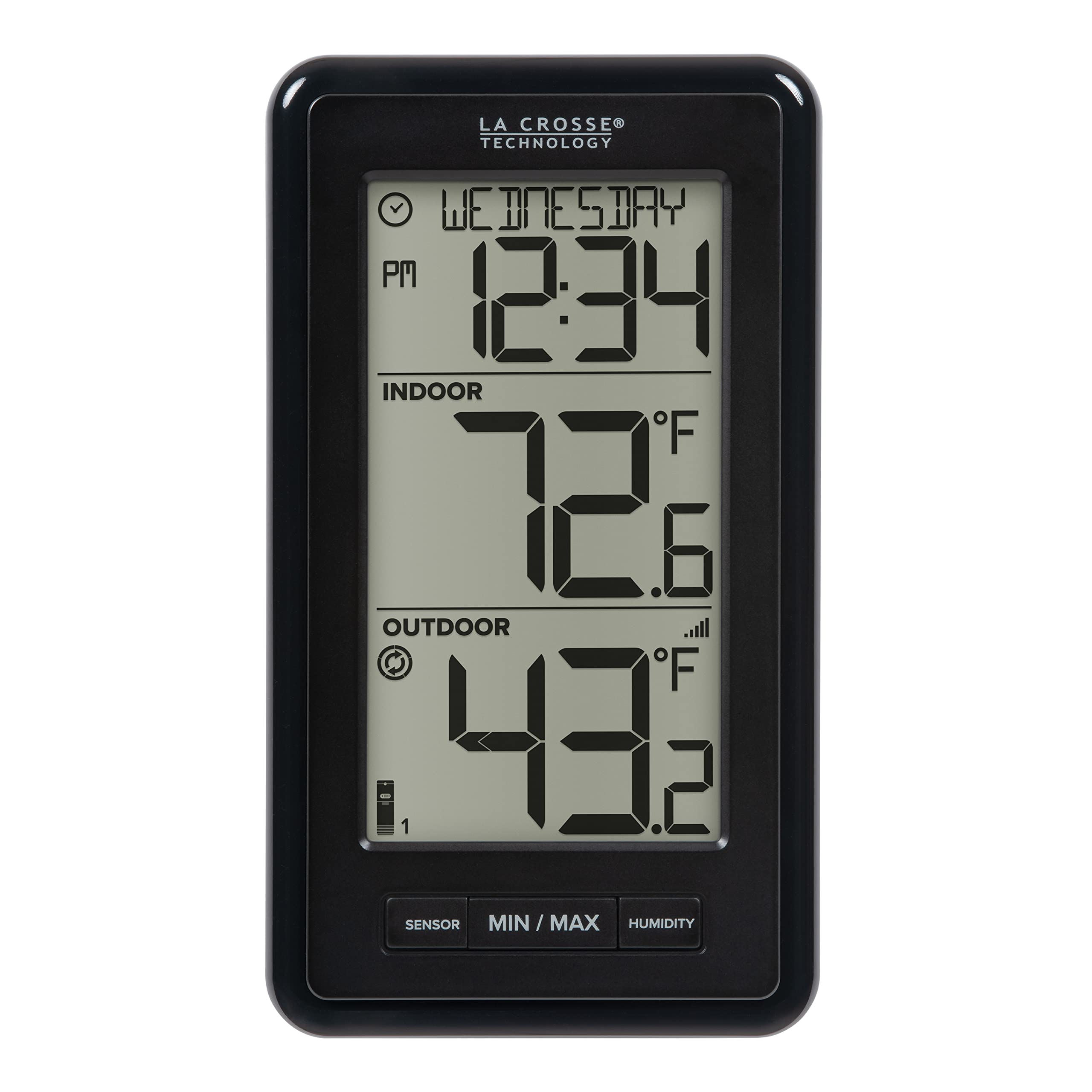 La Crosse Technology wireless thermometer front view with large LCD display