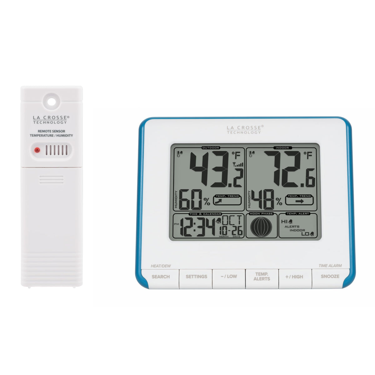 La Crosse Technology Wireless Weather Station front view in teal blue and white