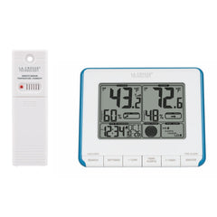 La Crosse Technology Wireless Weather Station front view in teal blue and white