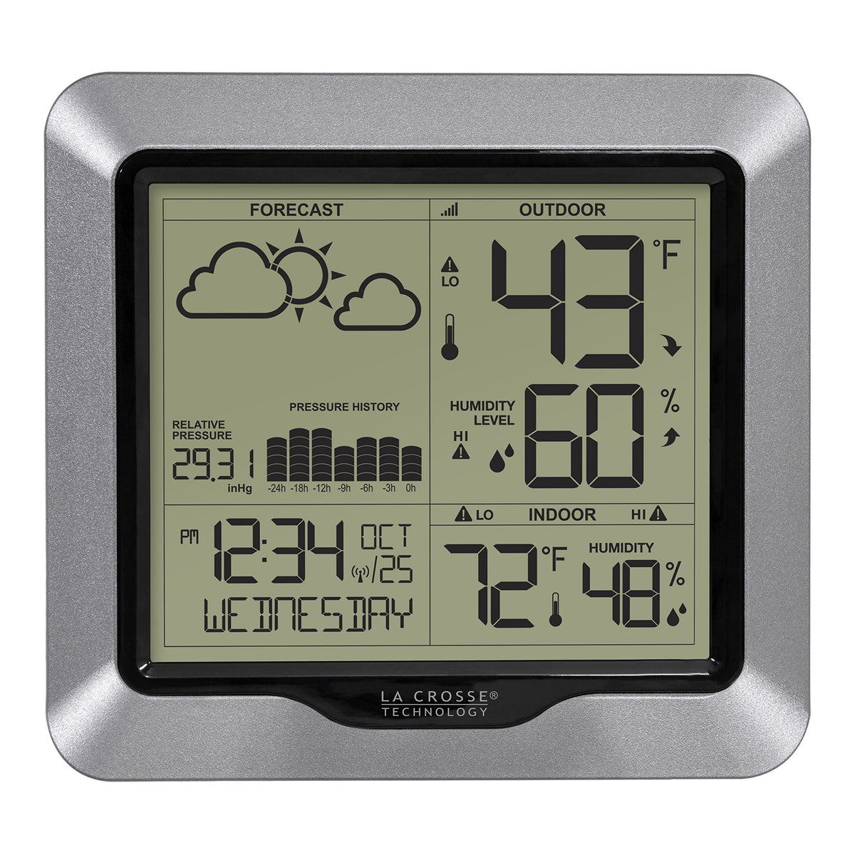 La Crosse Technology Wireless Weather Station front view with silver finish