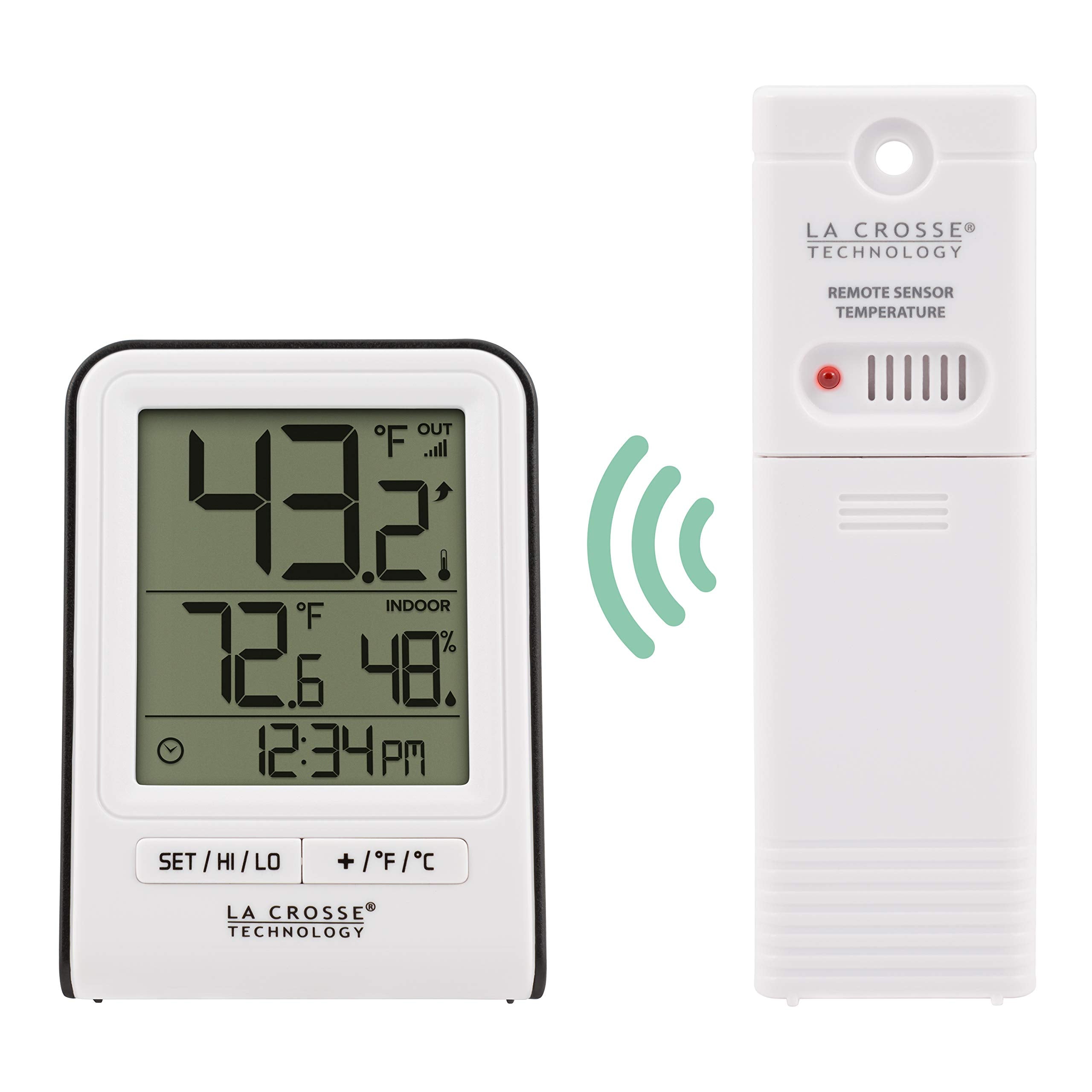 La Crosse thermometer showing temperature and humidity readings